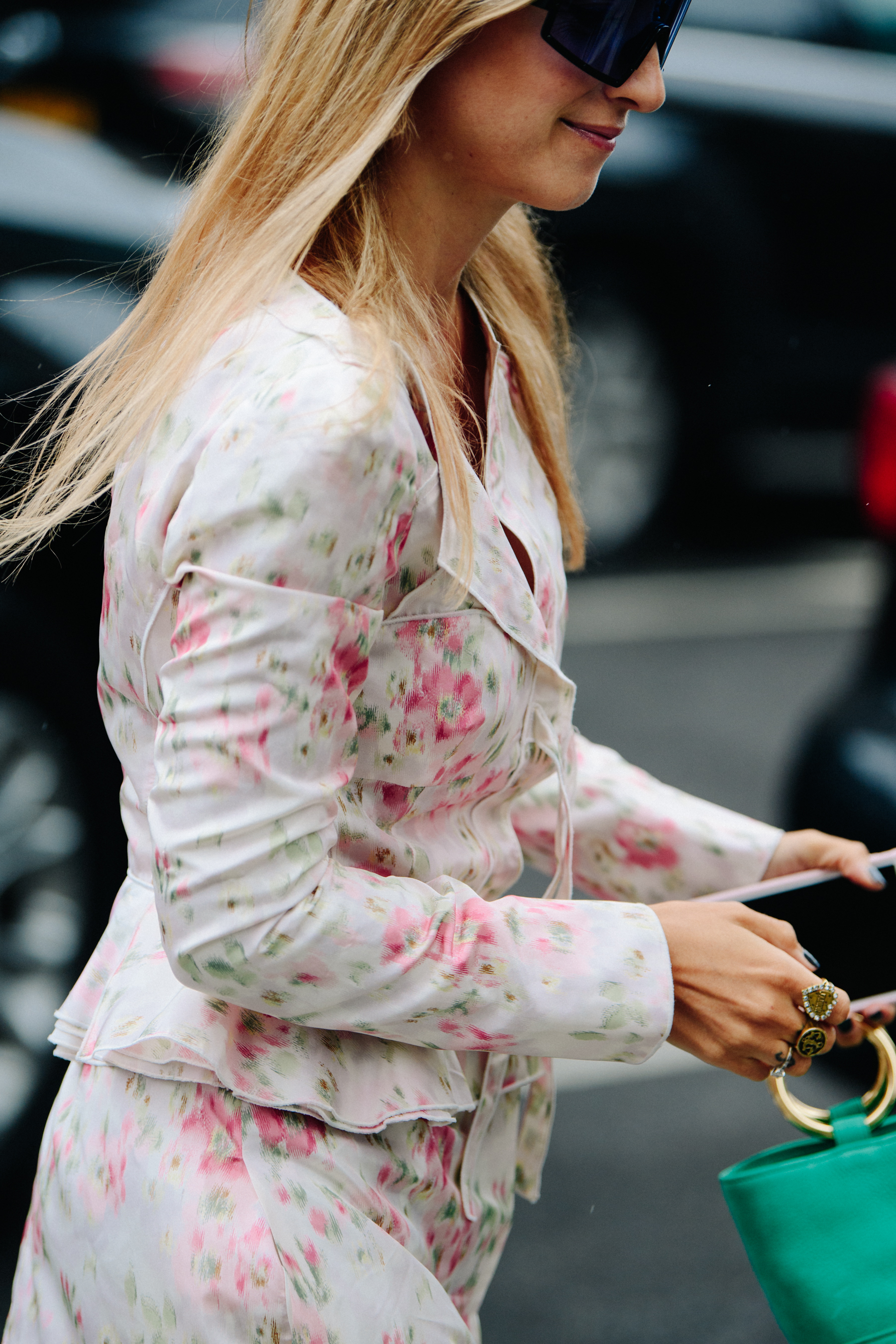 Woman wearing floral jacket