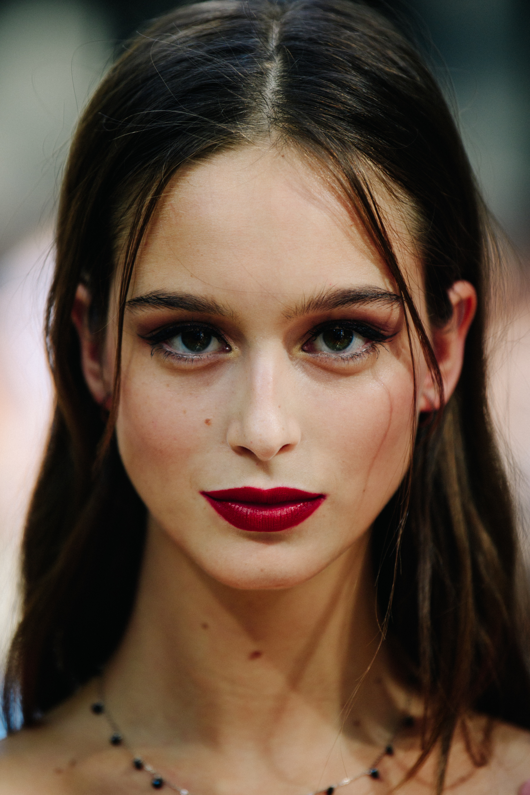 Portrait of model wearing red lipstick