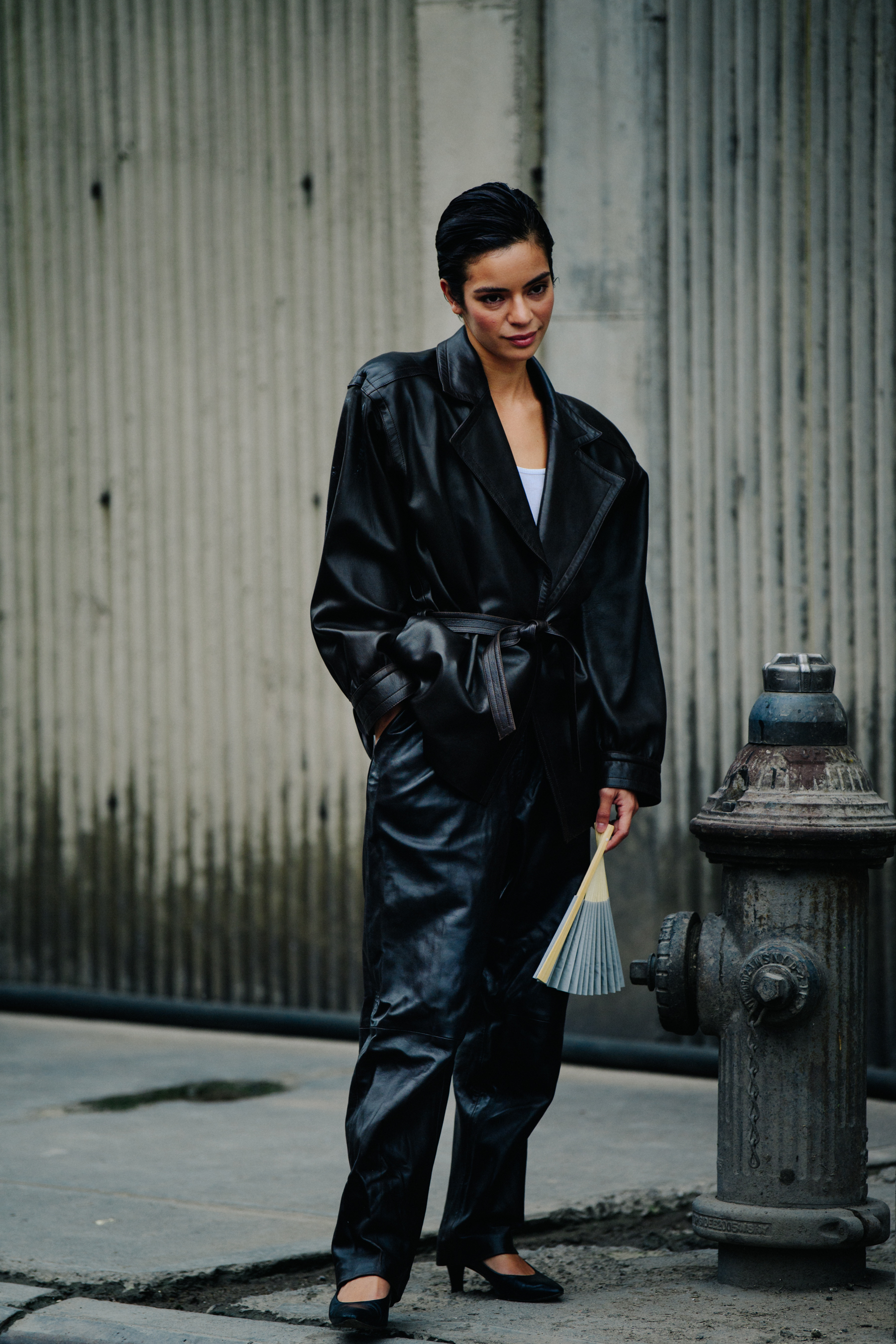 Woman wearing leather jacket