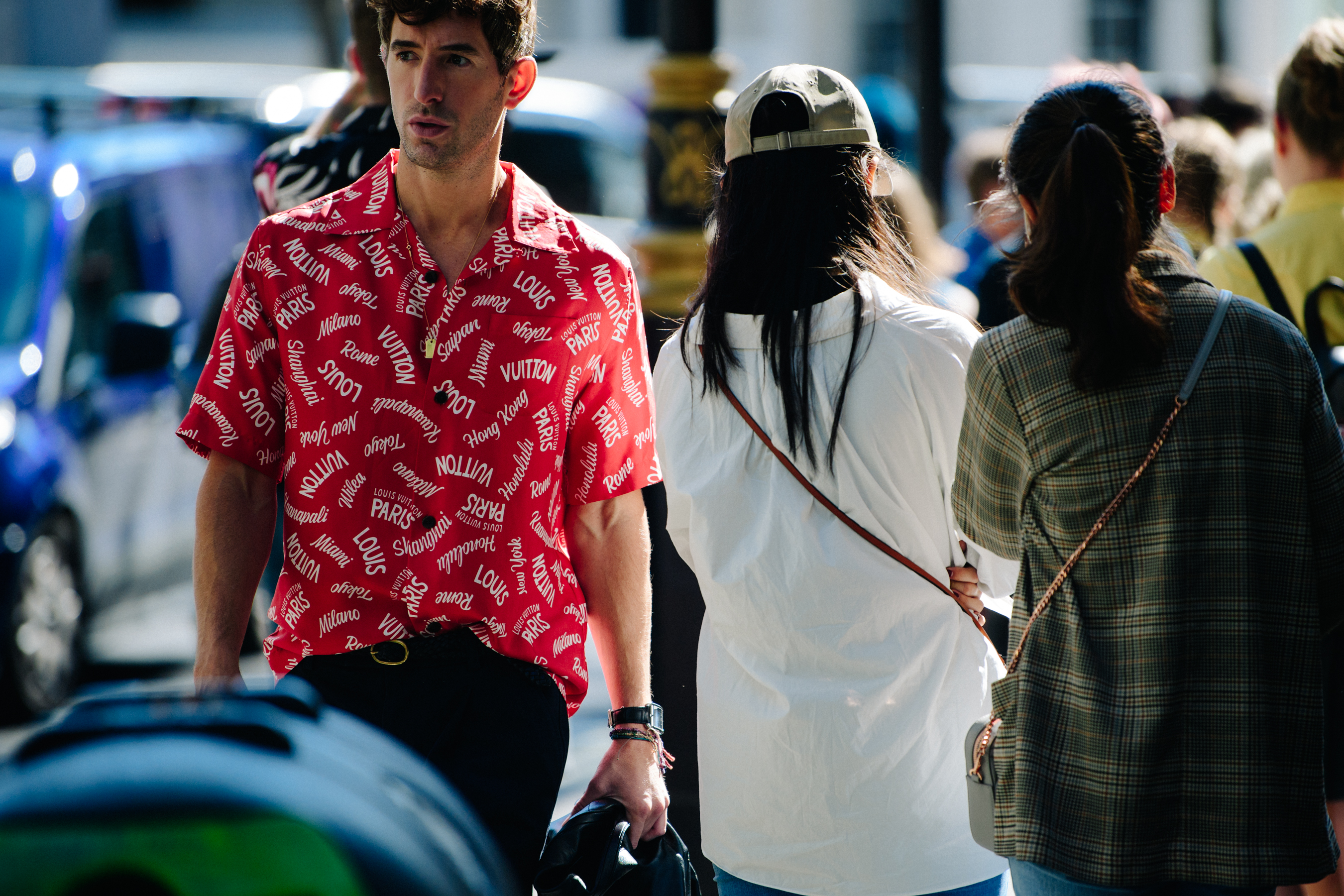 Man wearing red text shirt
