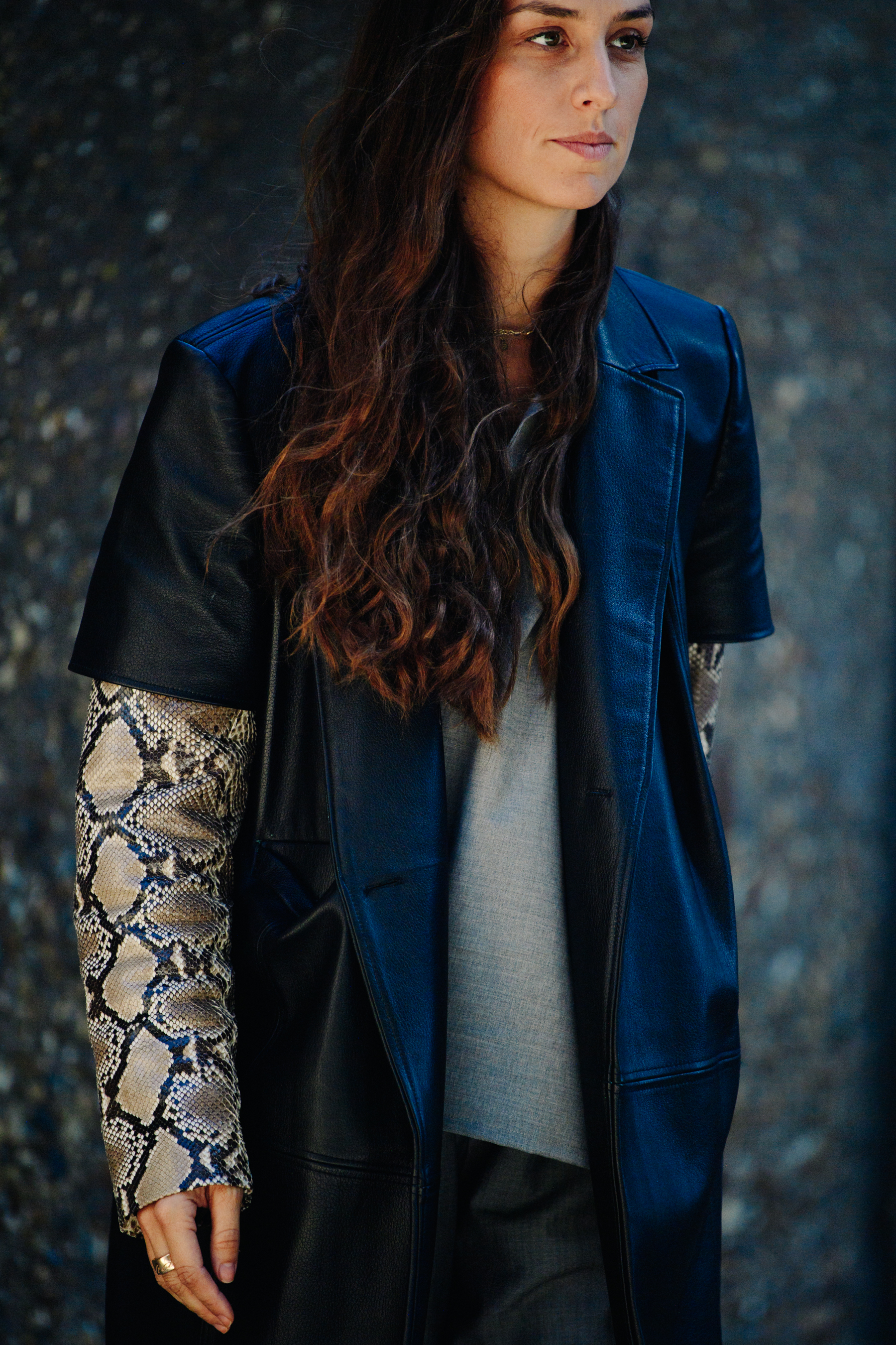 Woman wearing black leather jacket