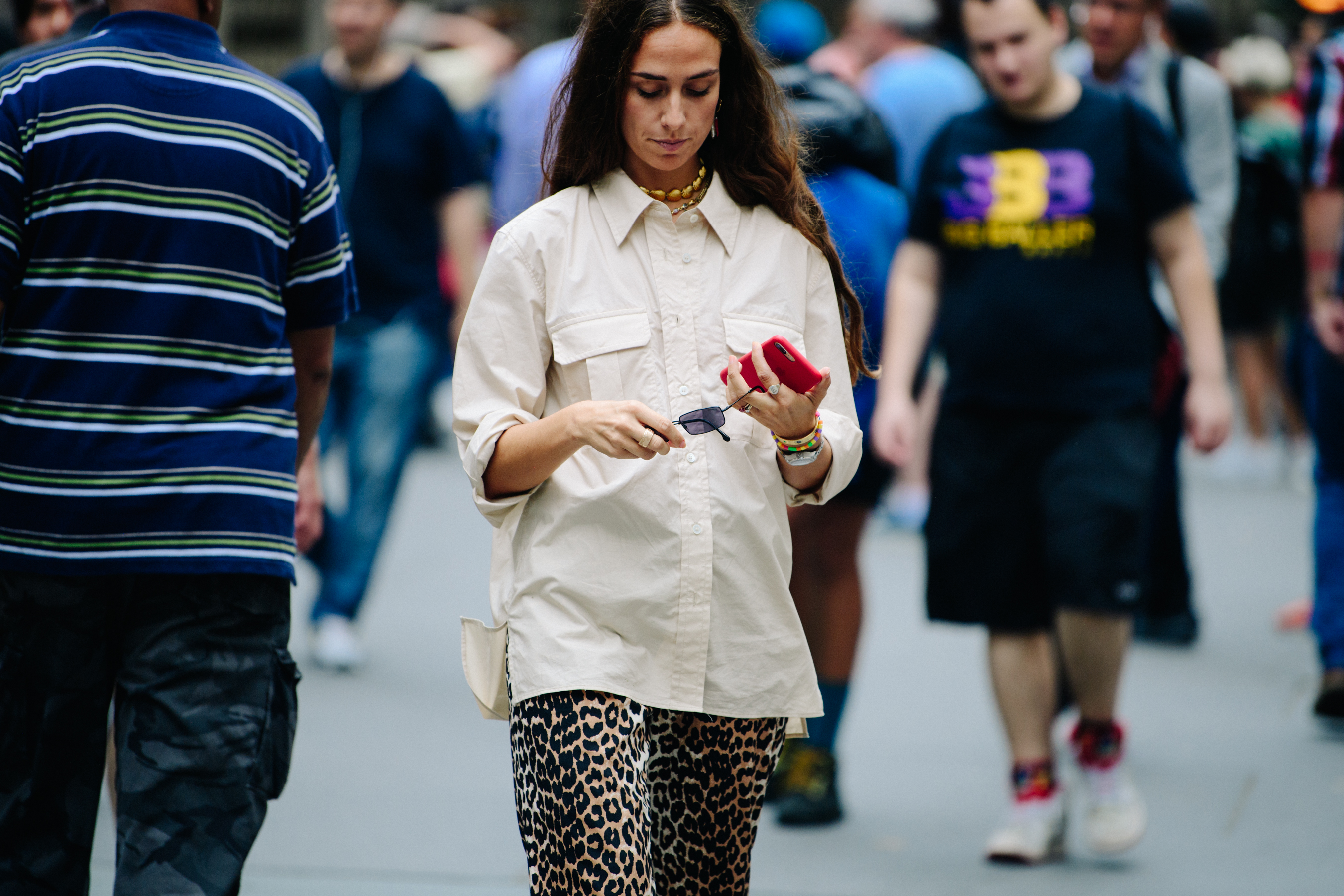 Woman wearing animal print trousers