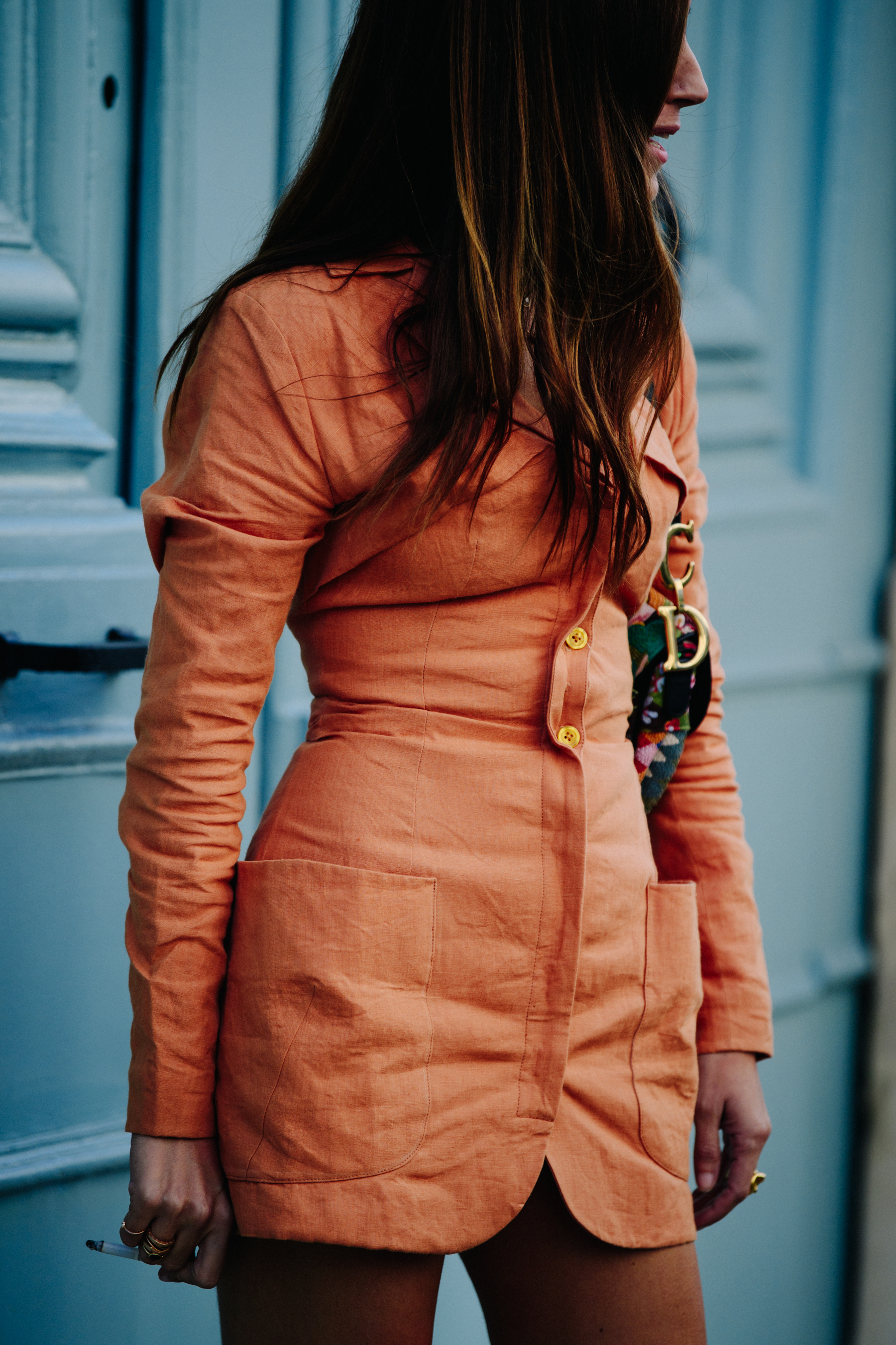 Woman wearing orange dress