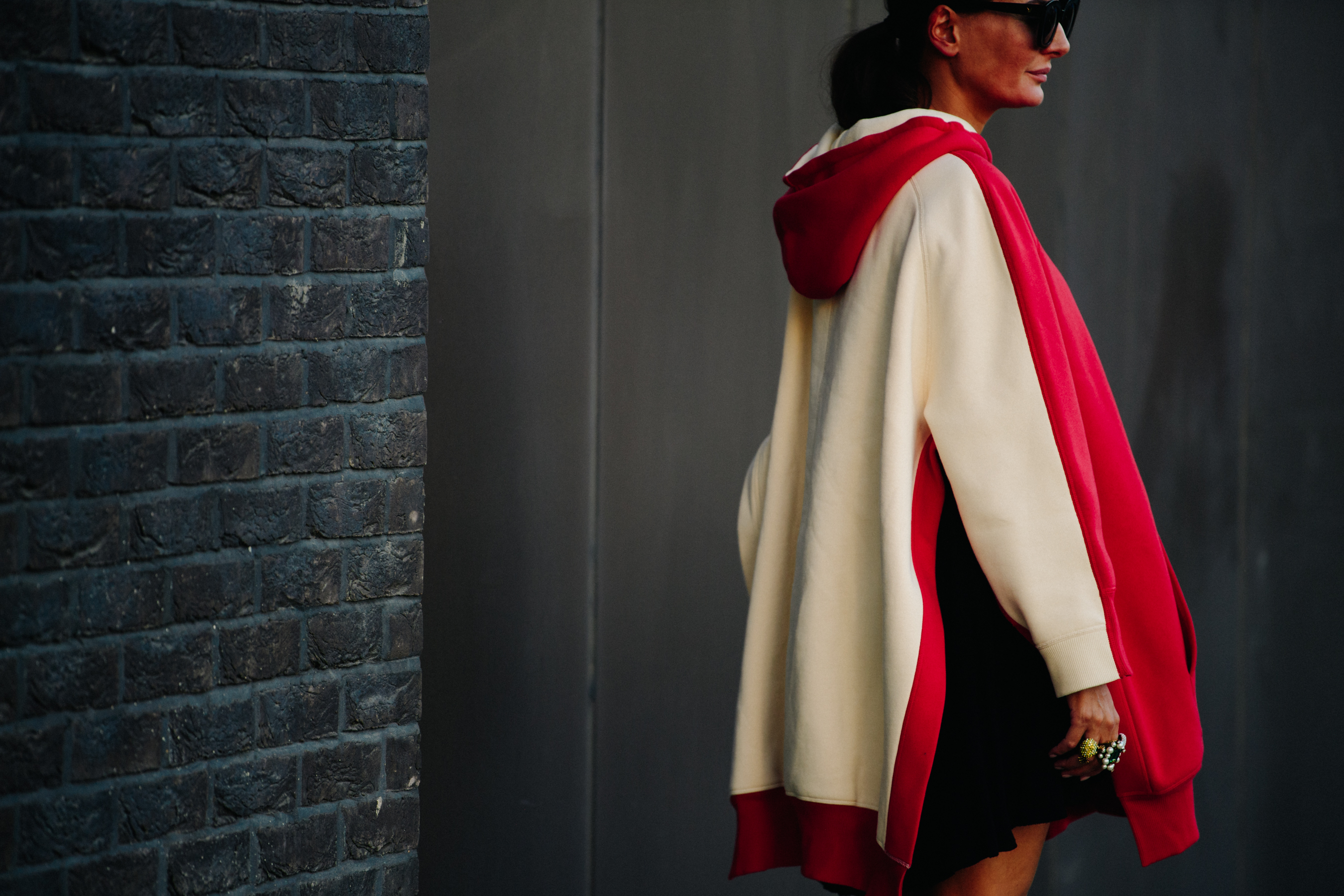 Woman wearing red hoodie