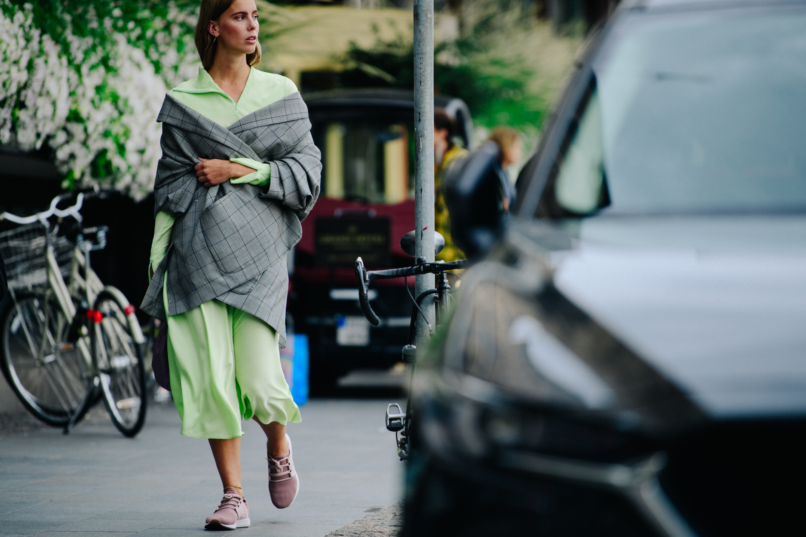 Woman wearing check jacket