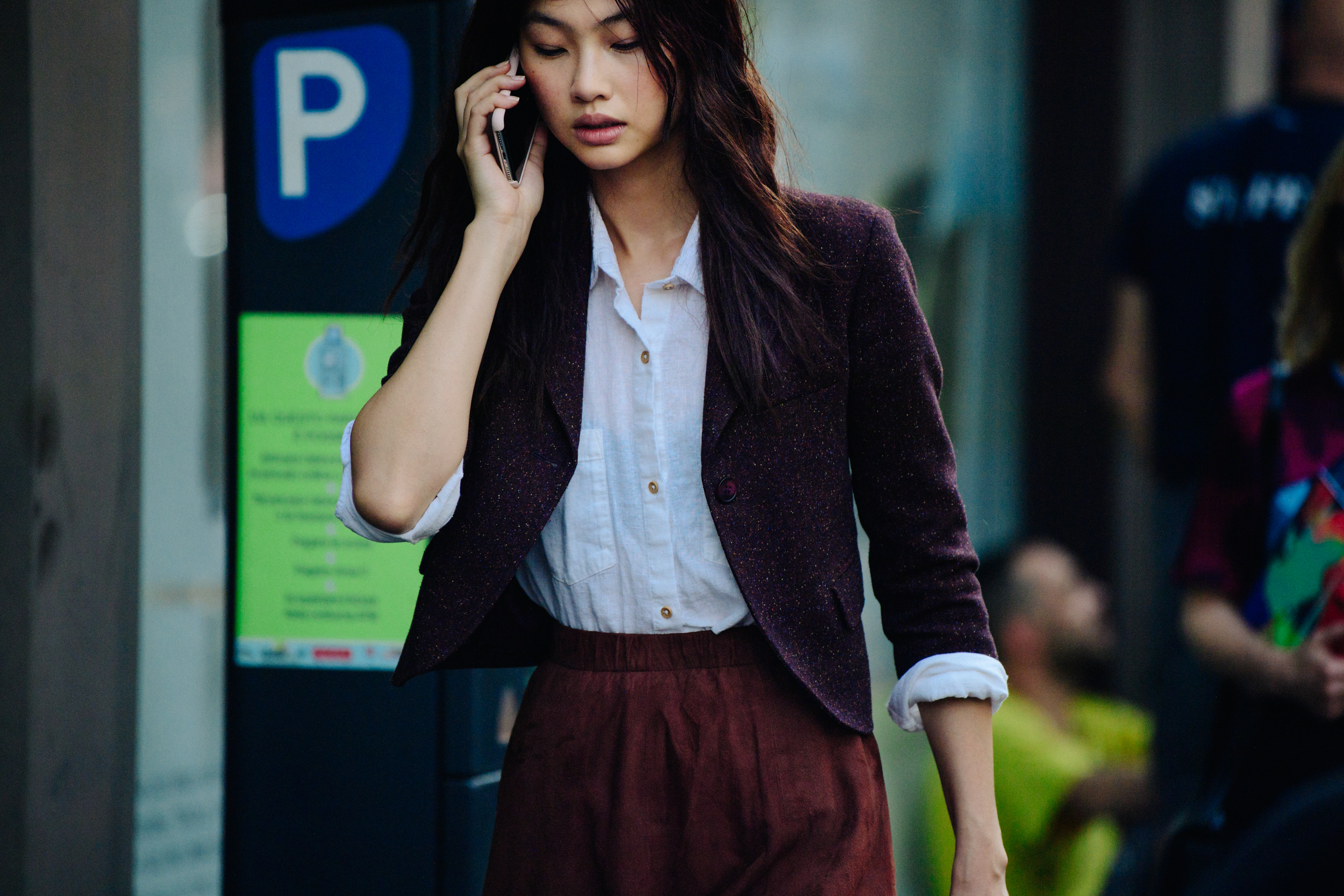 Korean model wearing purple blazer