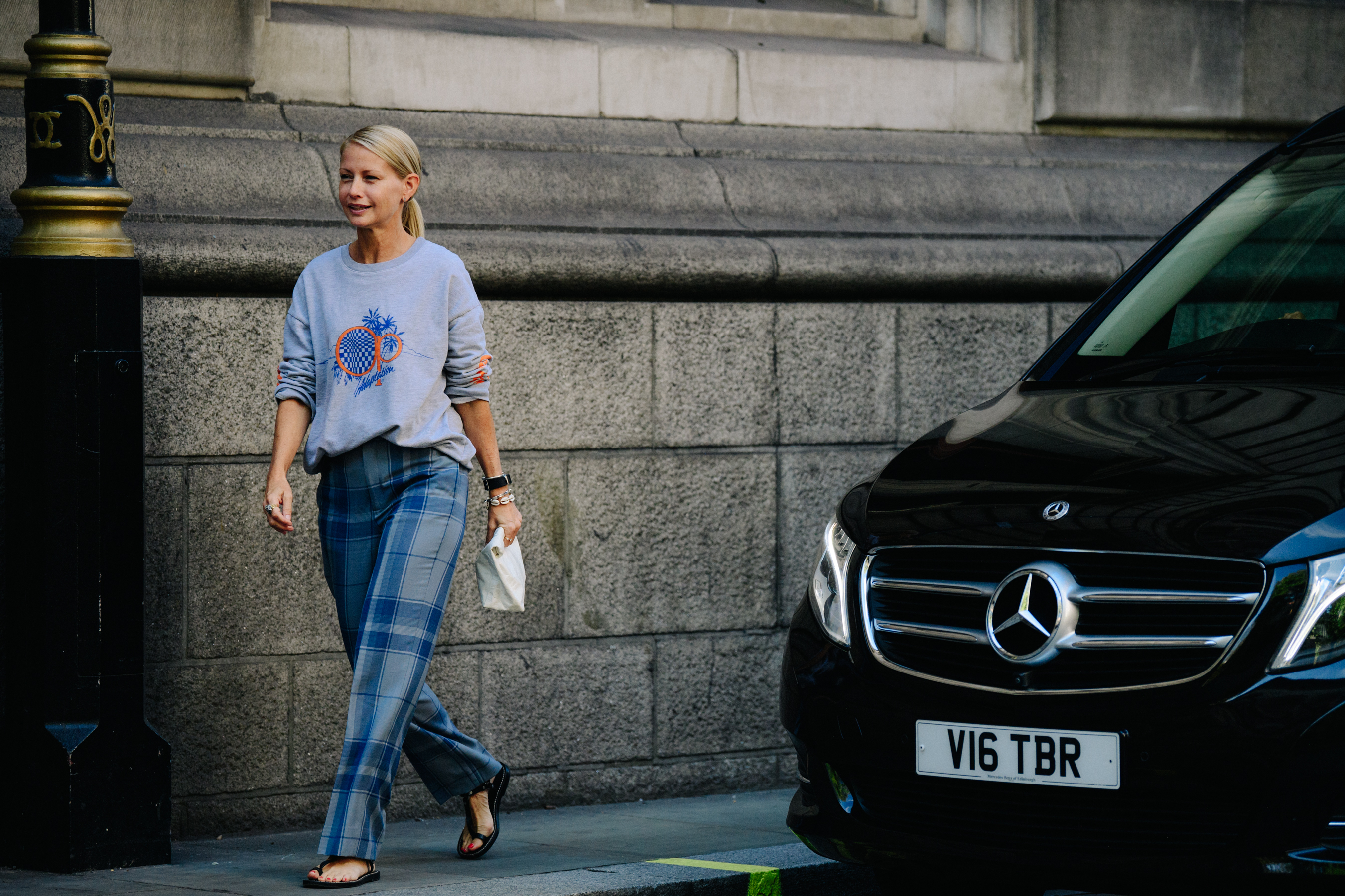 Woman wearing check pants