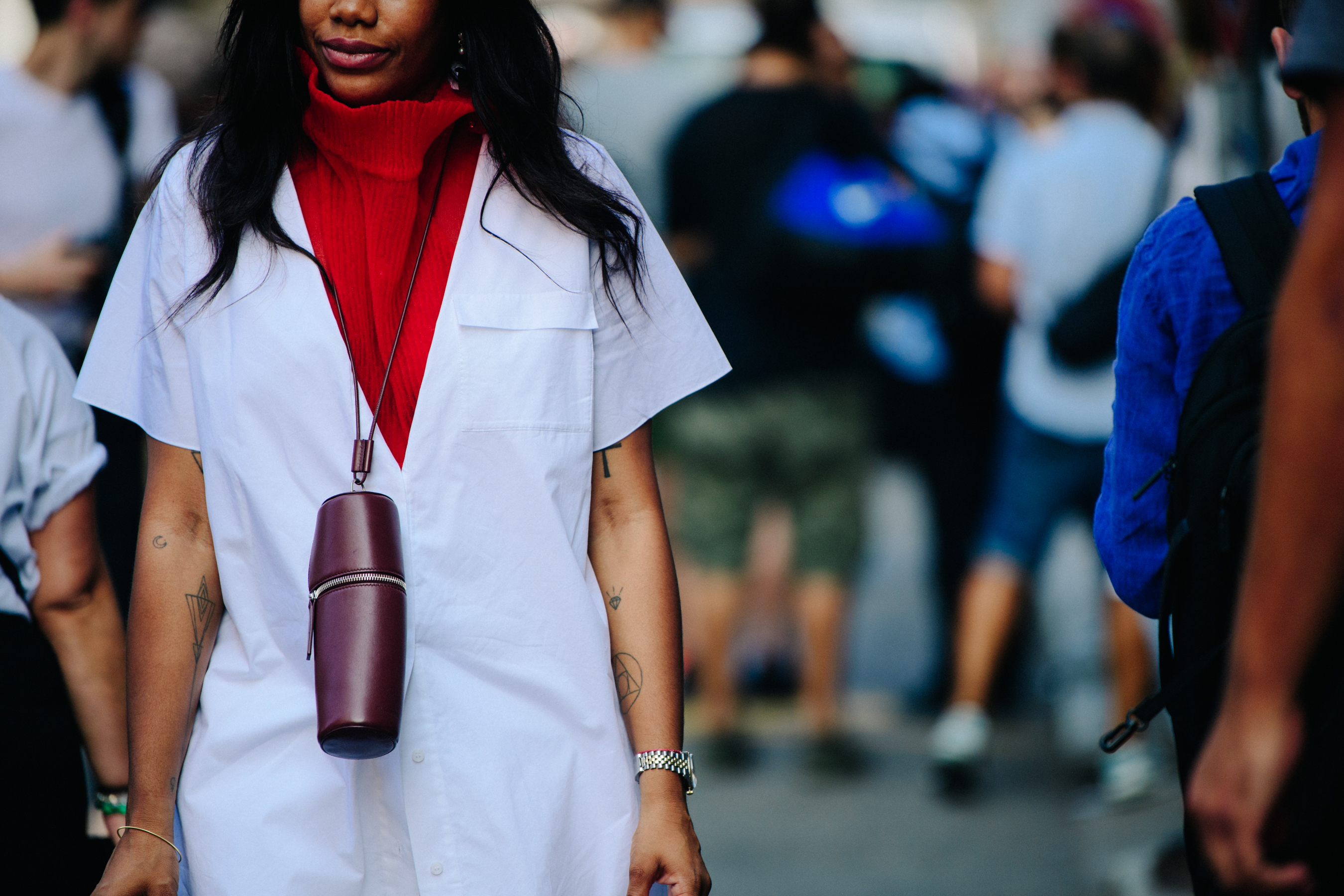 Woman wearing red turtleneck