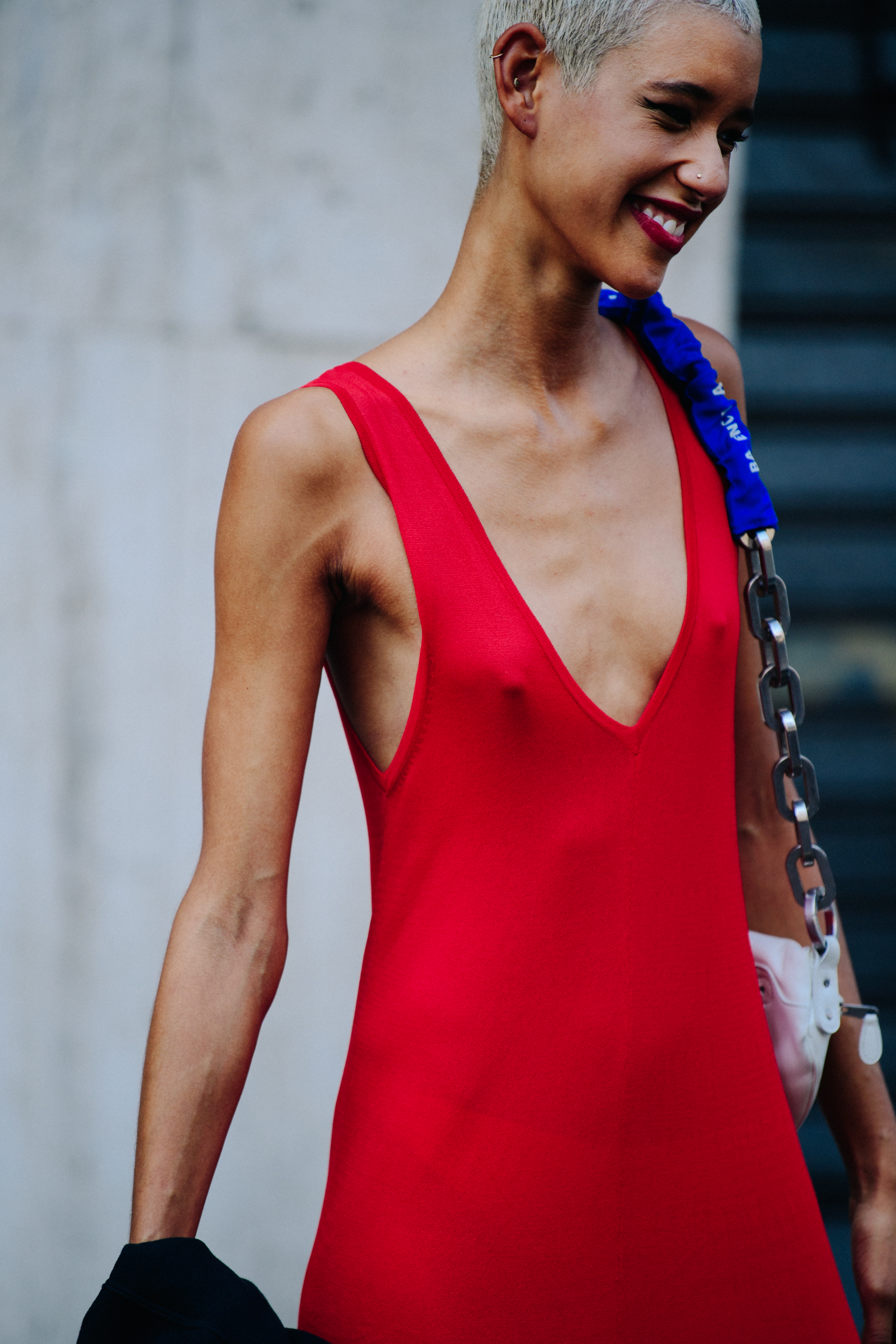 Model wearing red dress