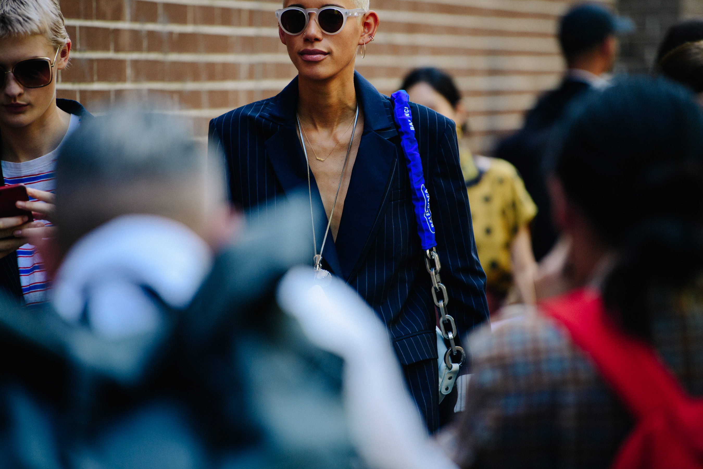 Model wearing striped suit