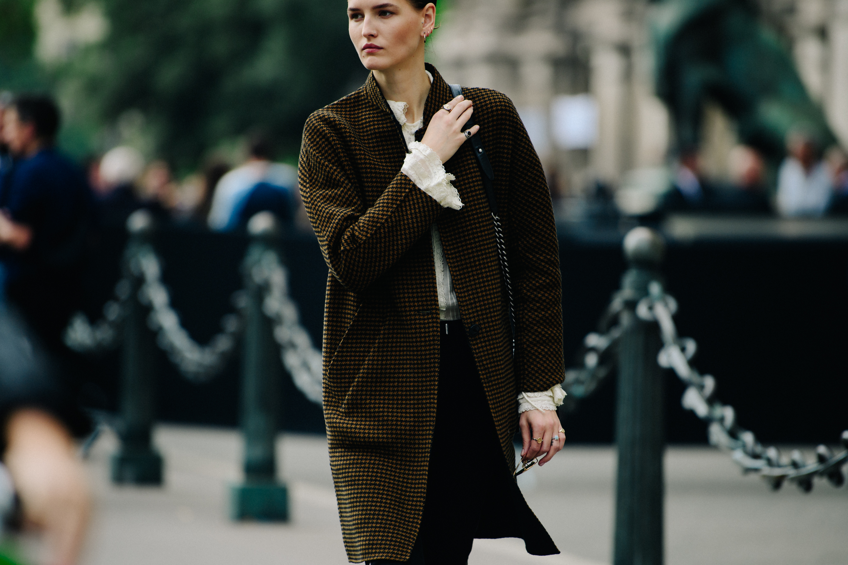 Model wearing long wool coat