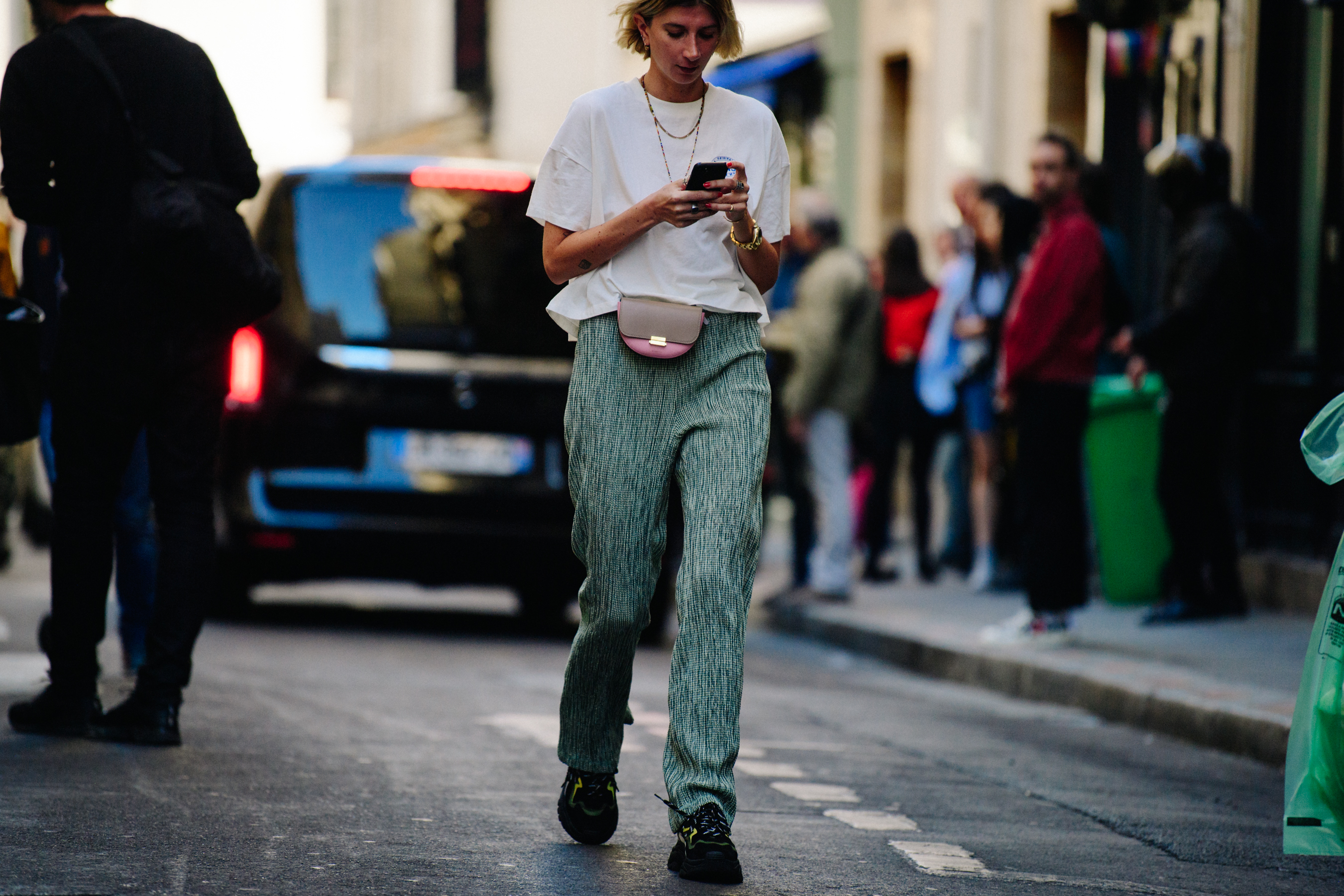Woman wearing green pattern pants