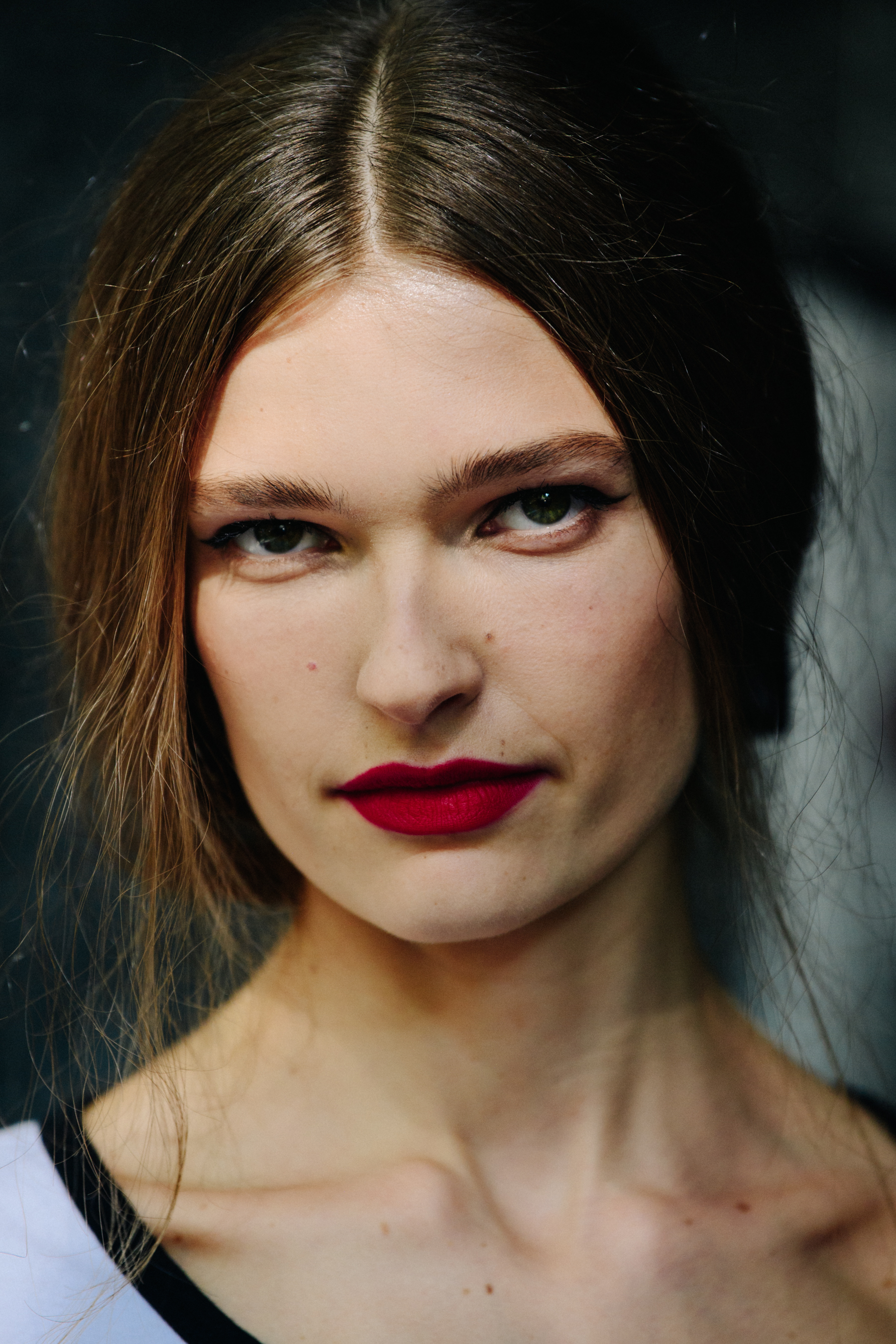 Portrait of model wearing red lipstick