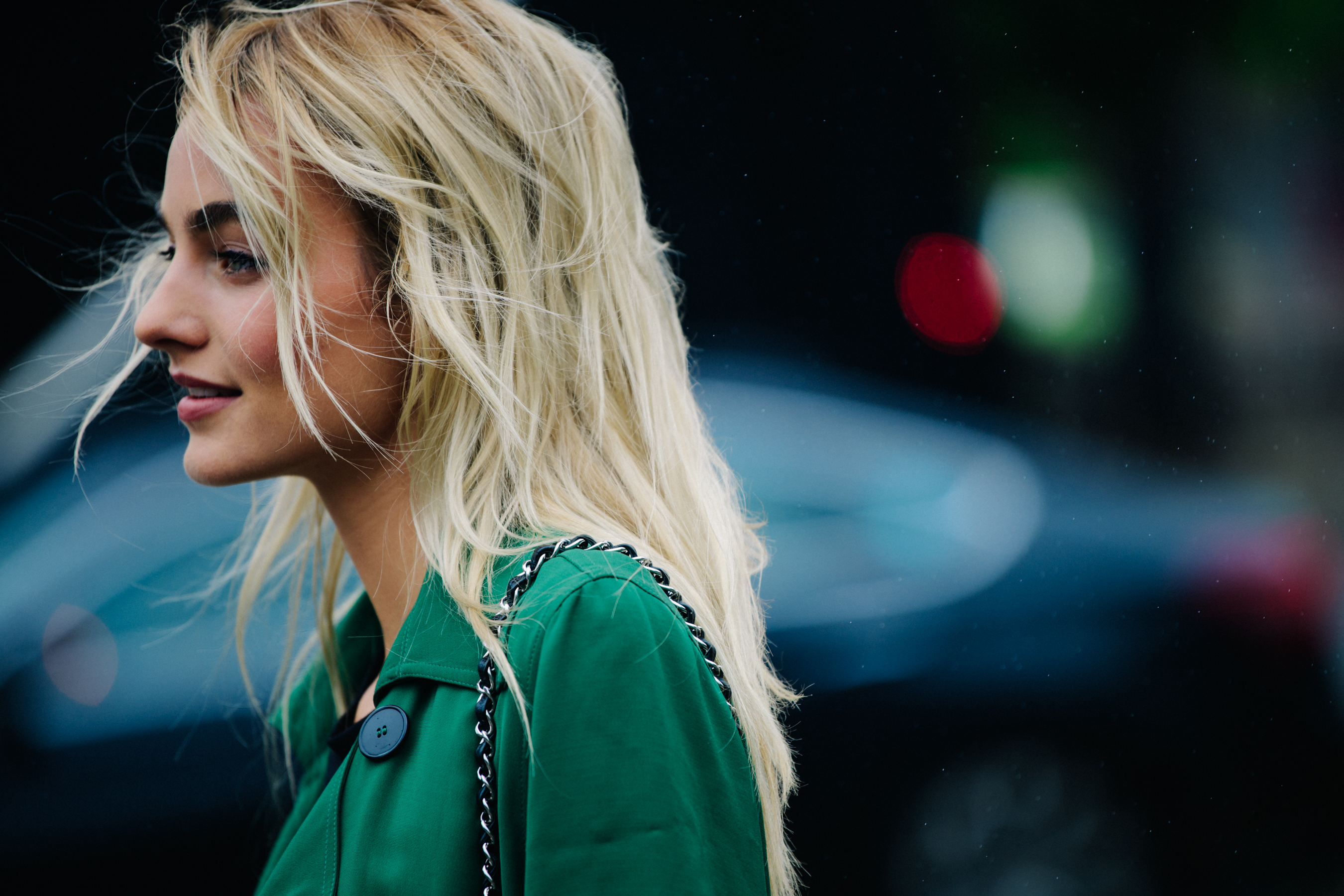 Model wearing green coat