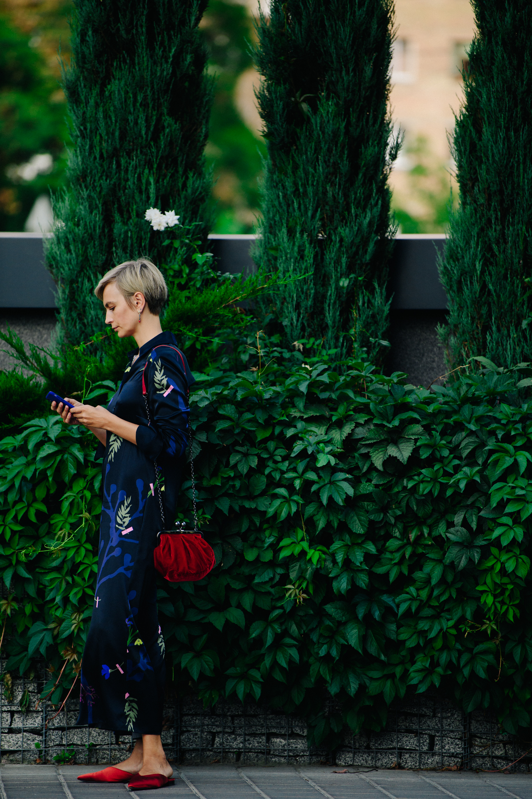 Woman wearing blue dress