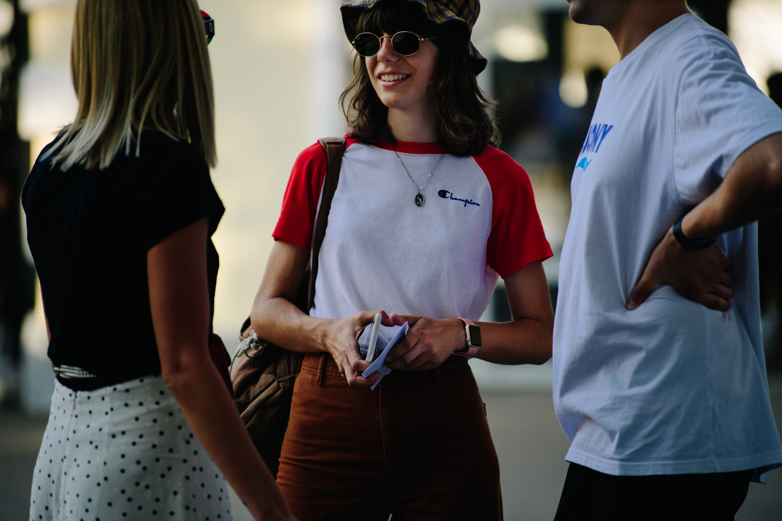 Woman wearing Champion tee shirt