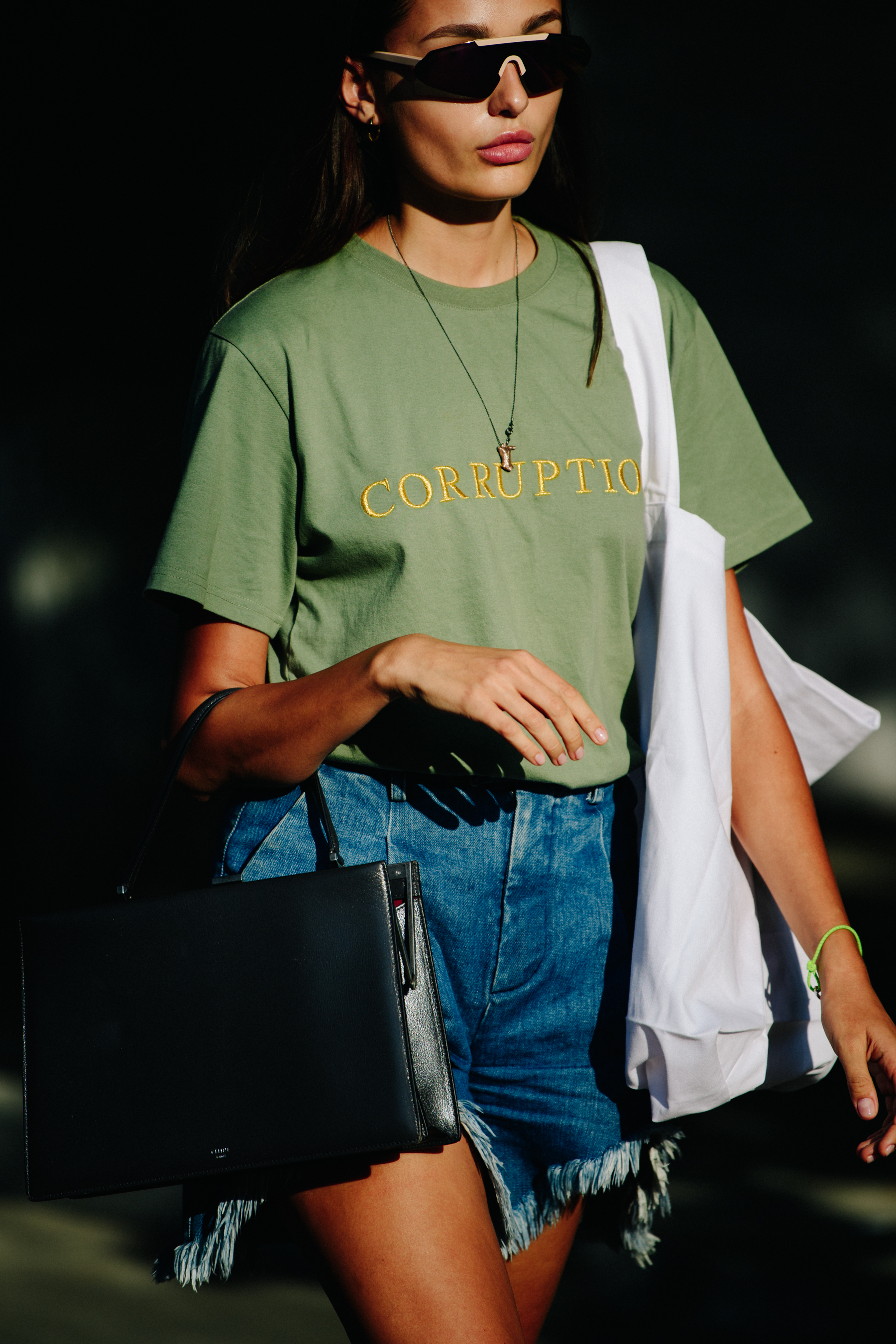 Woman wearing green tee shirt