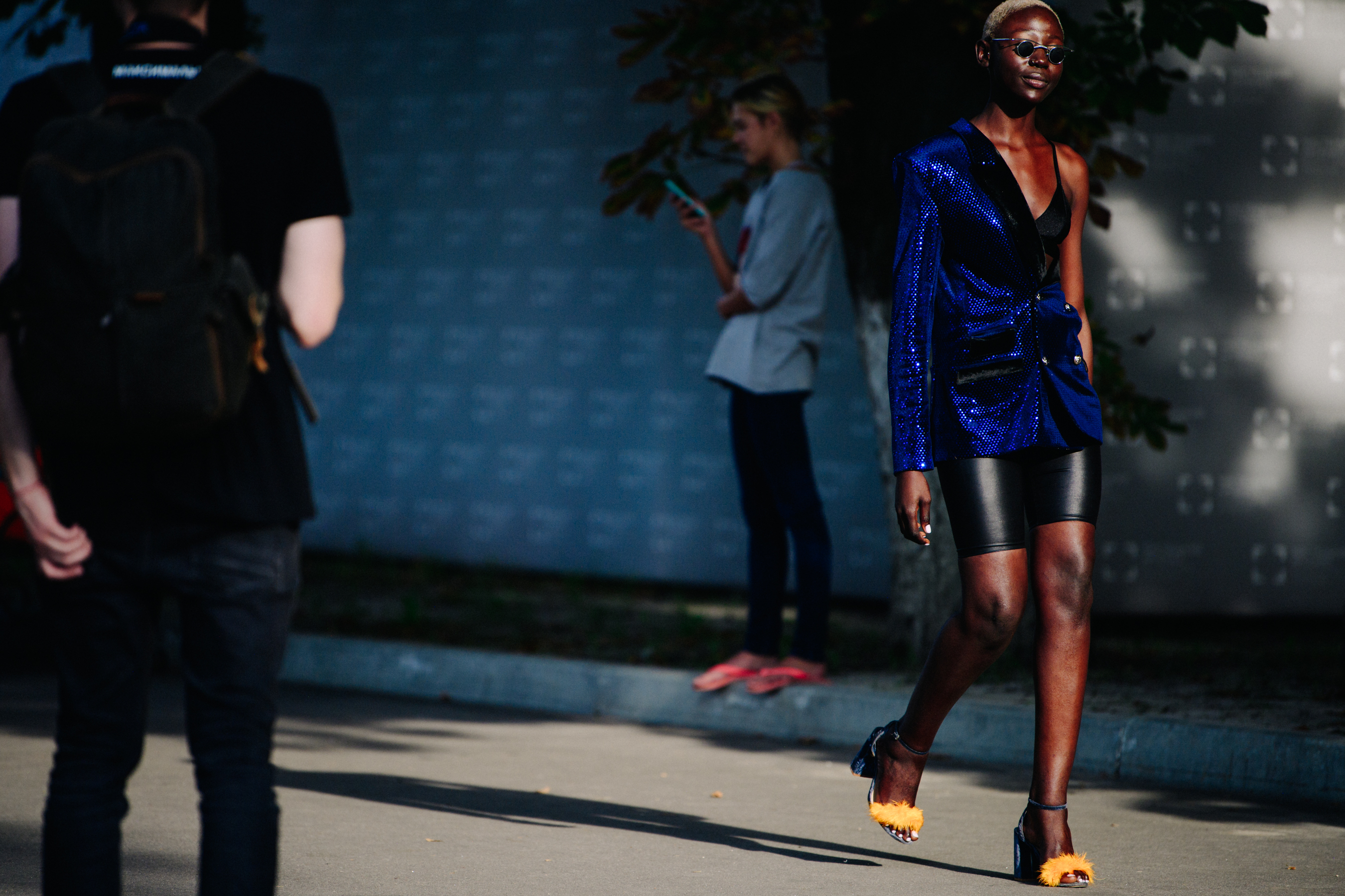 Woman wearing blue sequin top