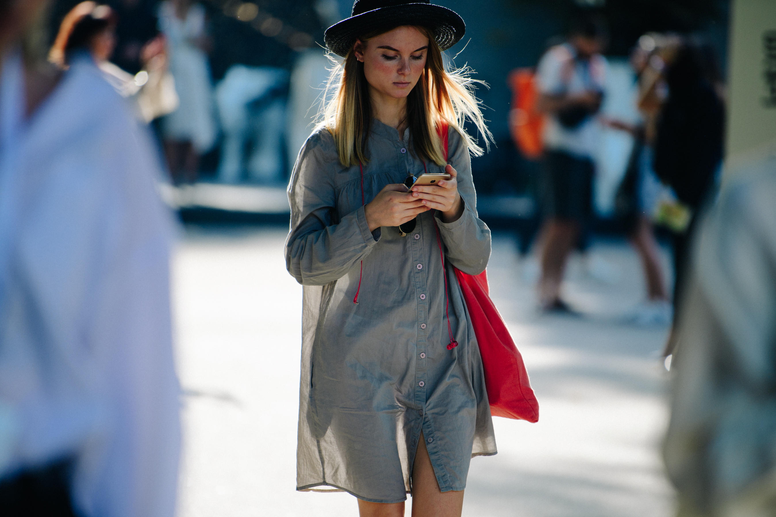 Woman wearing grey dress