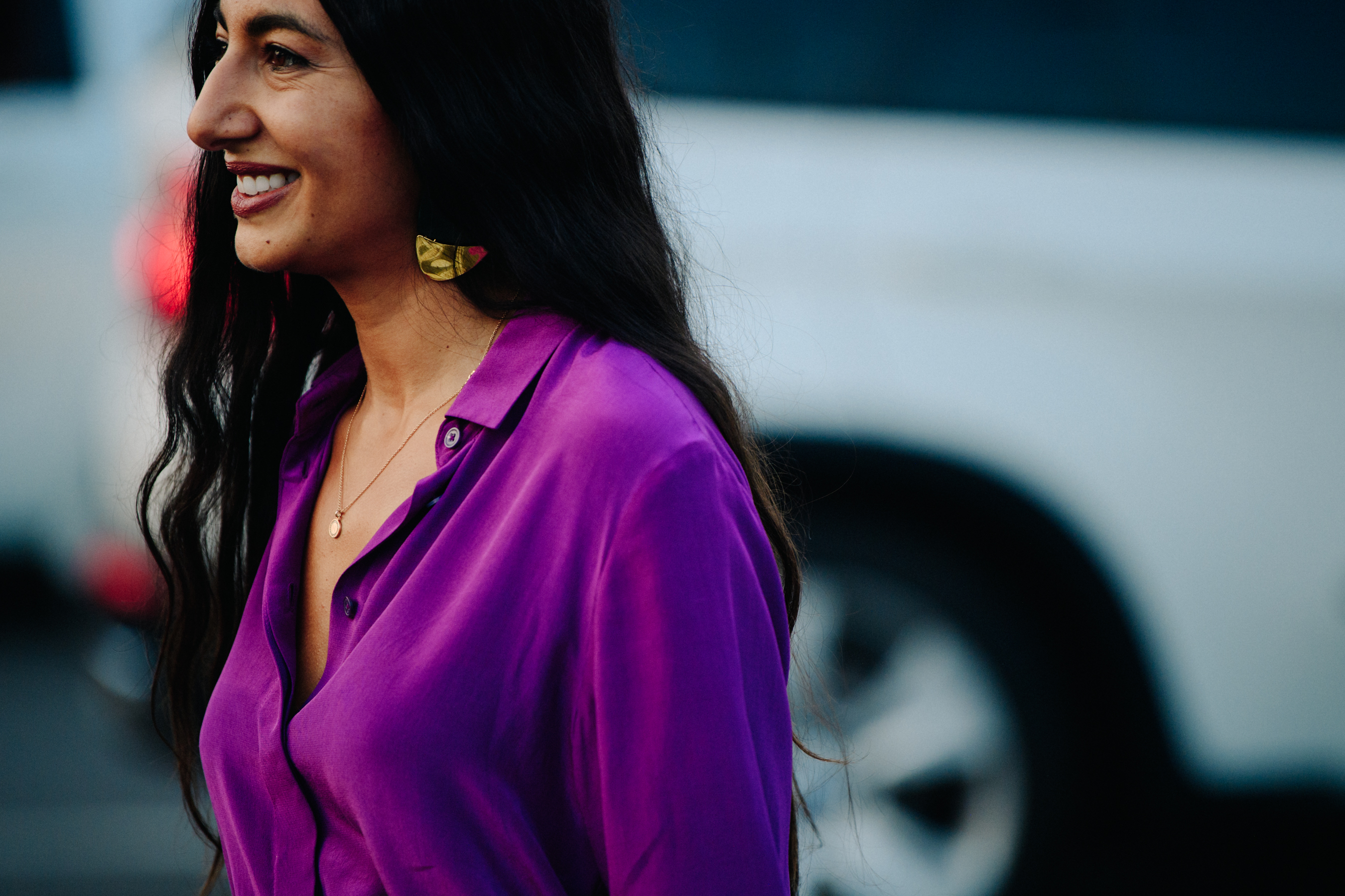 Woman wearing purple shirt