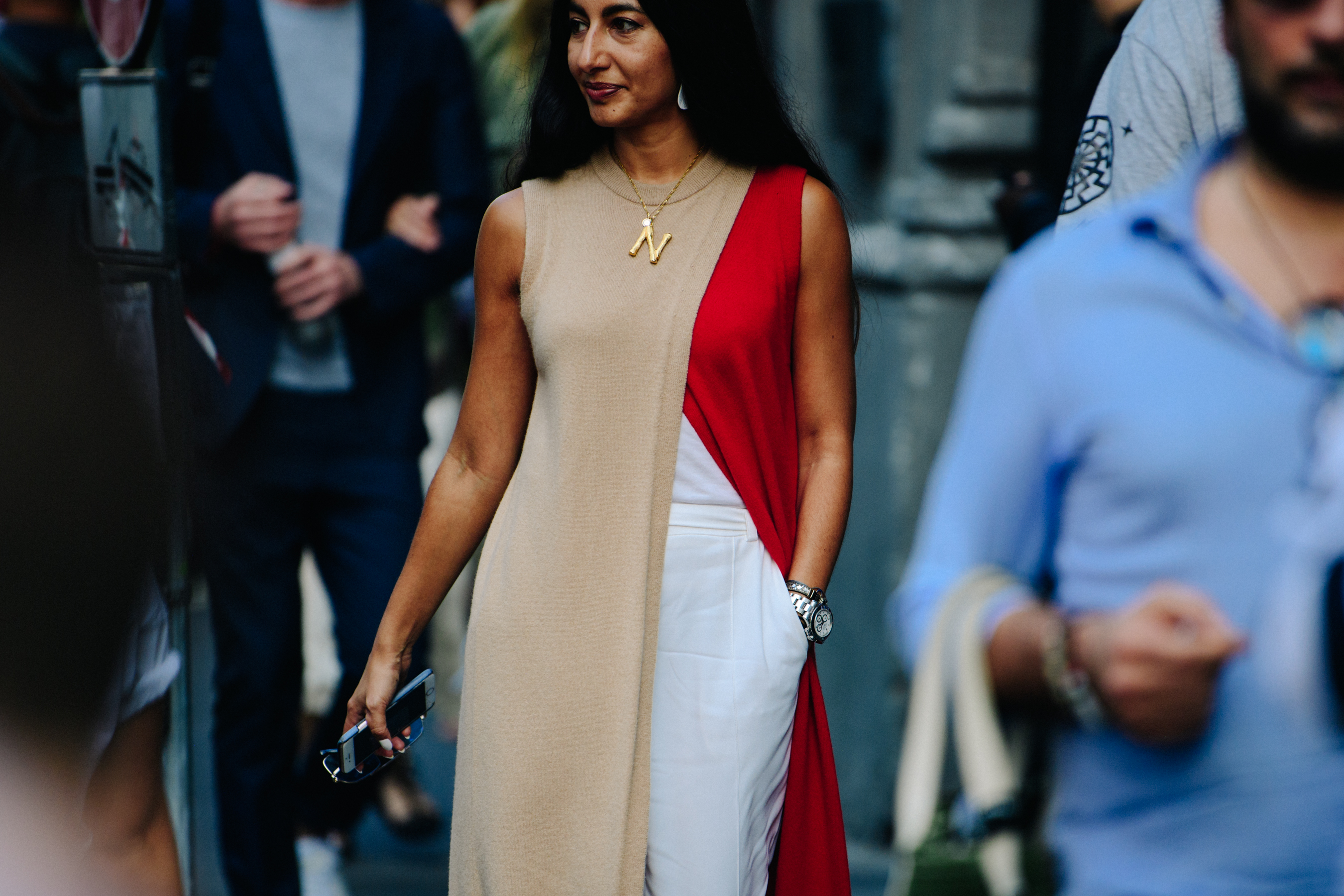 Woman wearing long beige dress
