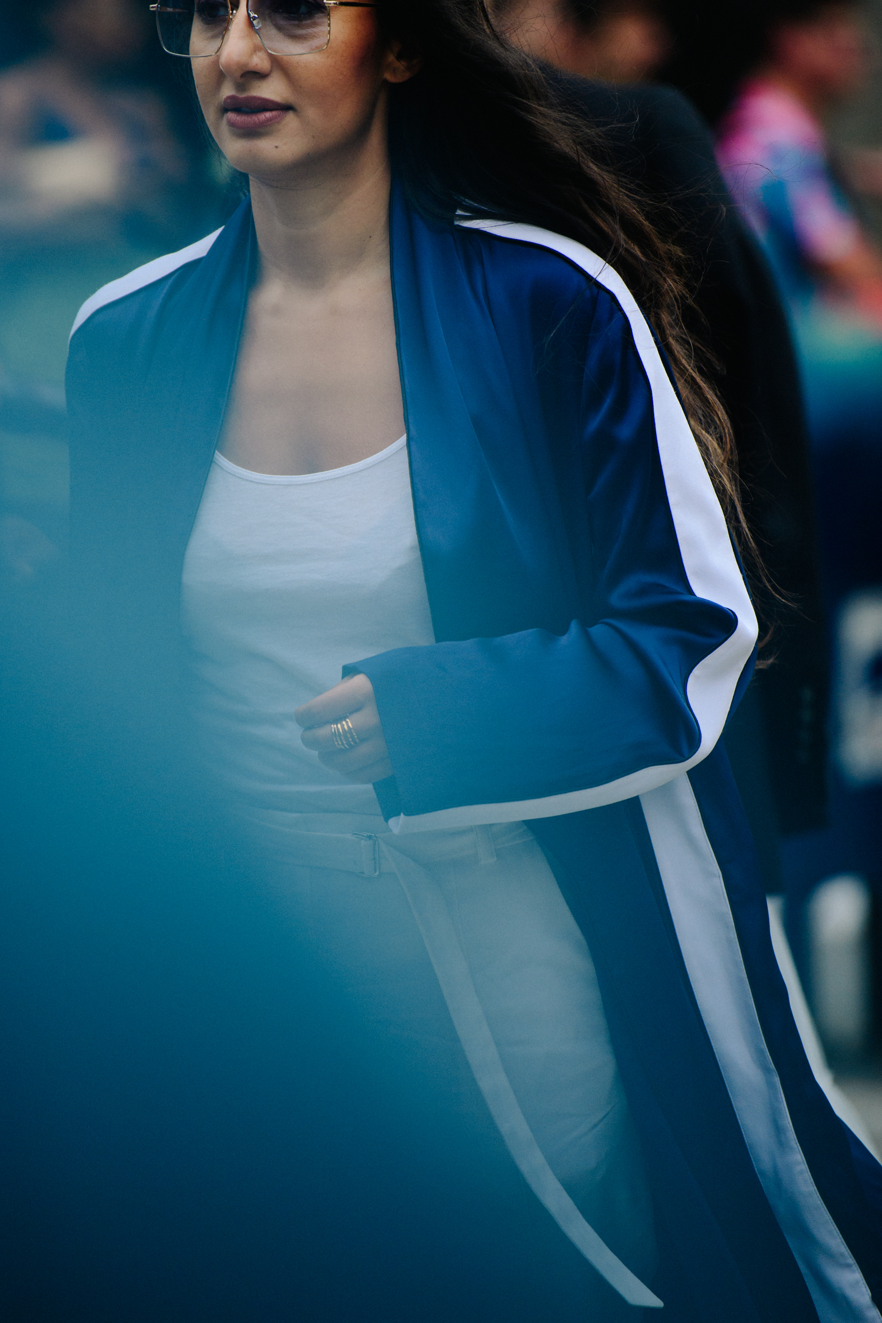 Woman wearing blue jacket