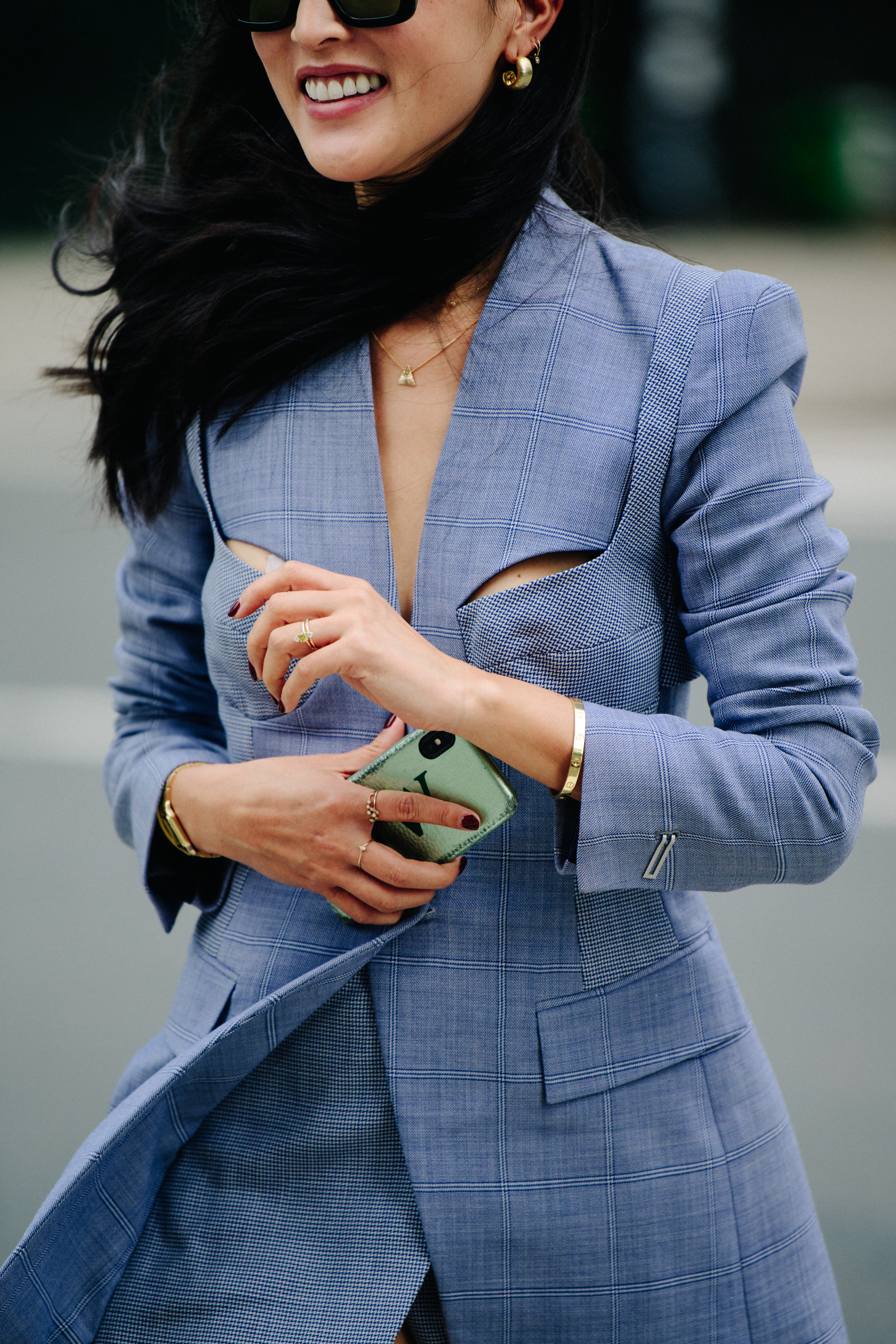 Woman wearing blue jacket