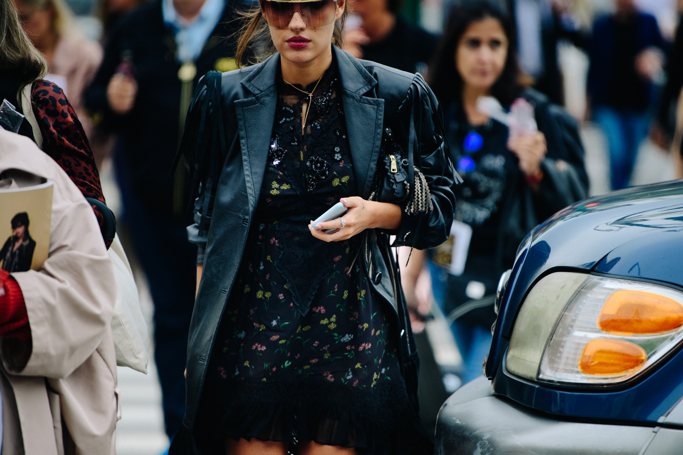 Woman wearing black leather jacket