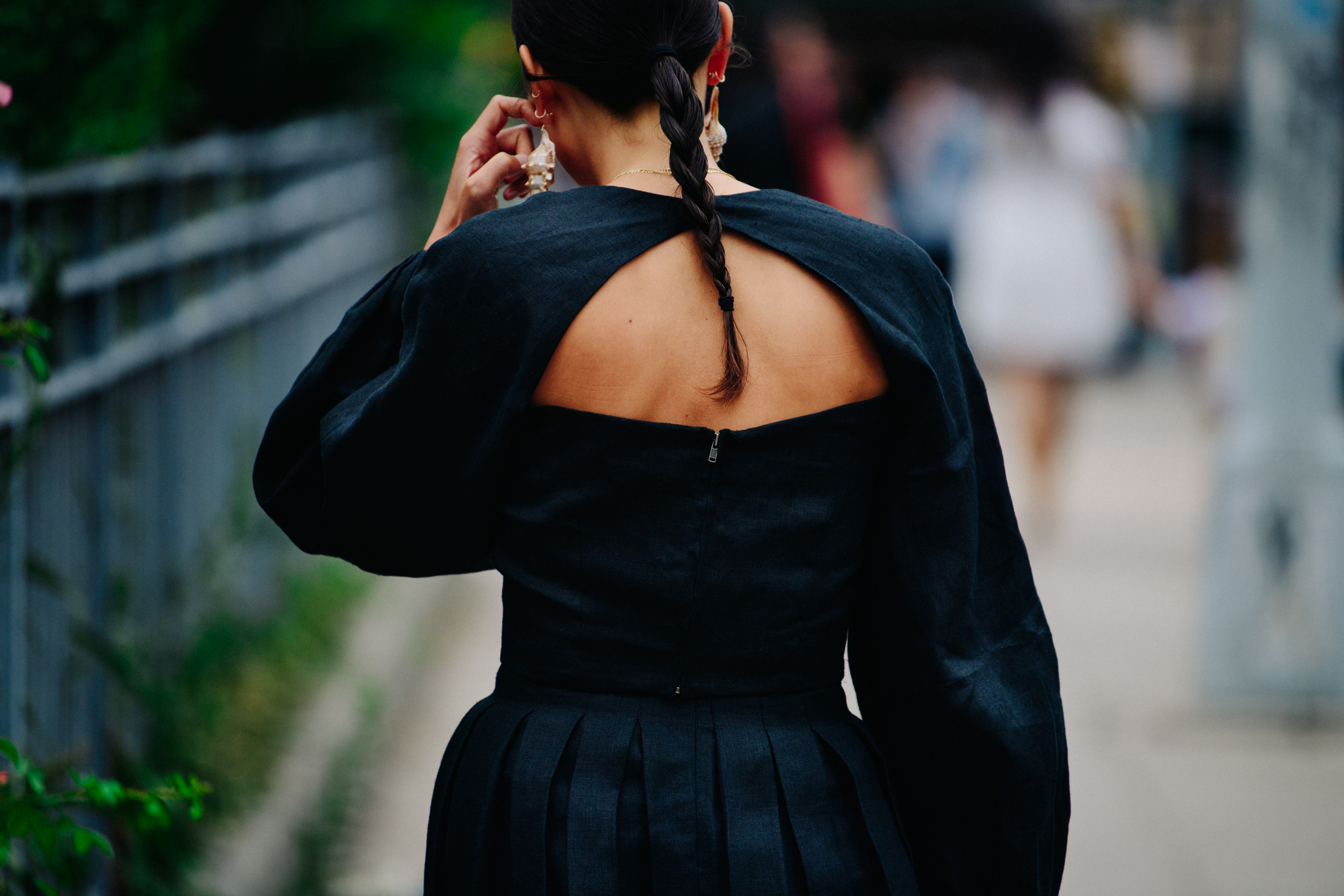 Woman wearing black dress