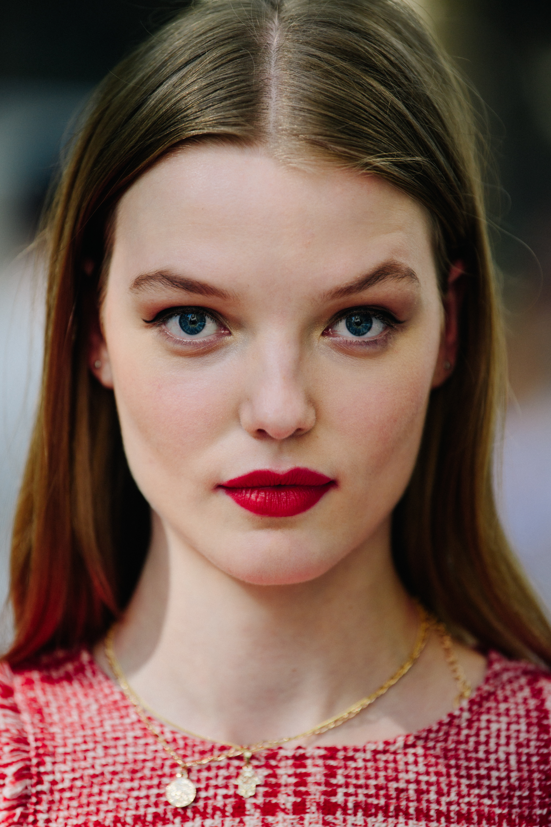 Portrait of model wearing red lipstick