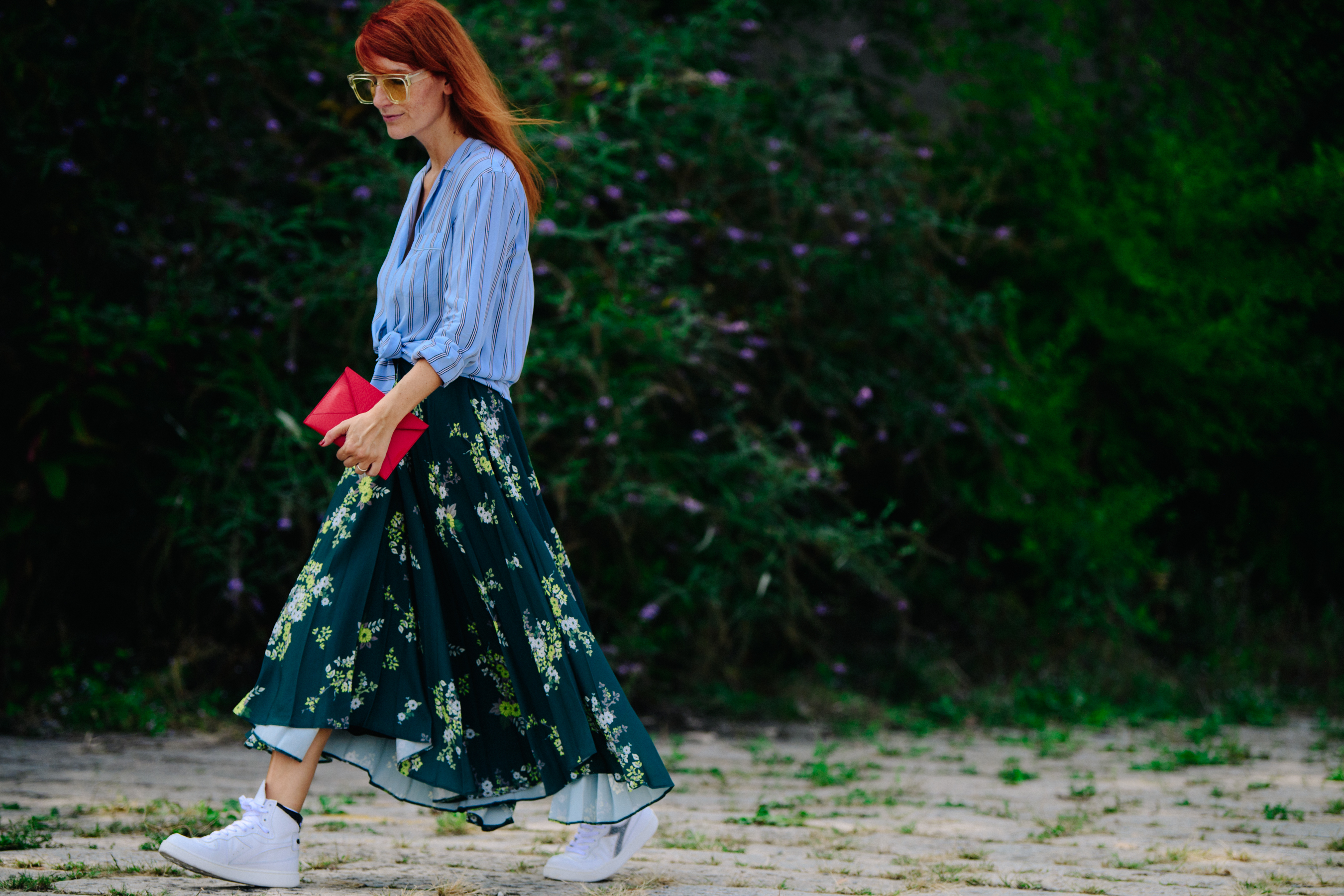 Woman wearing floral skirt