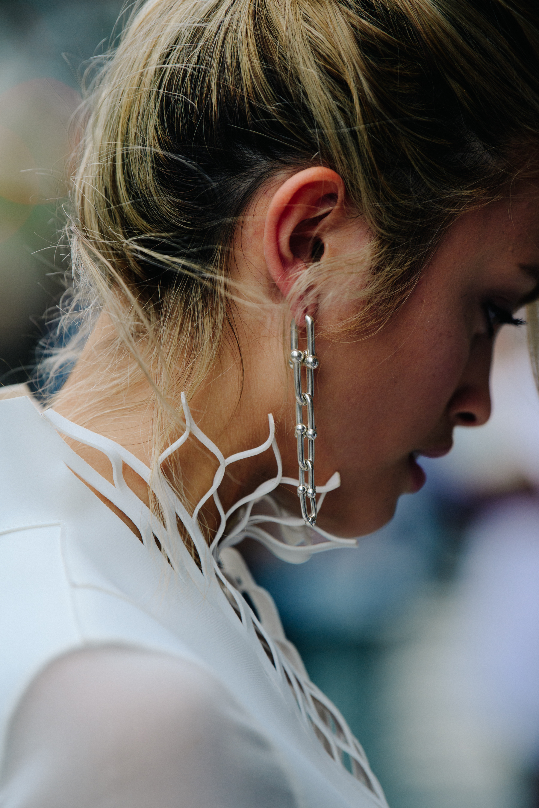 Woman wearing silver earring