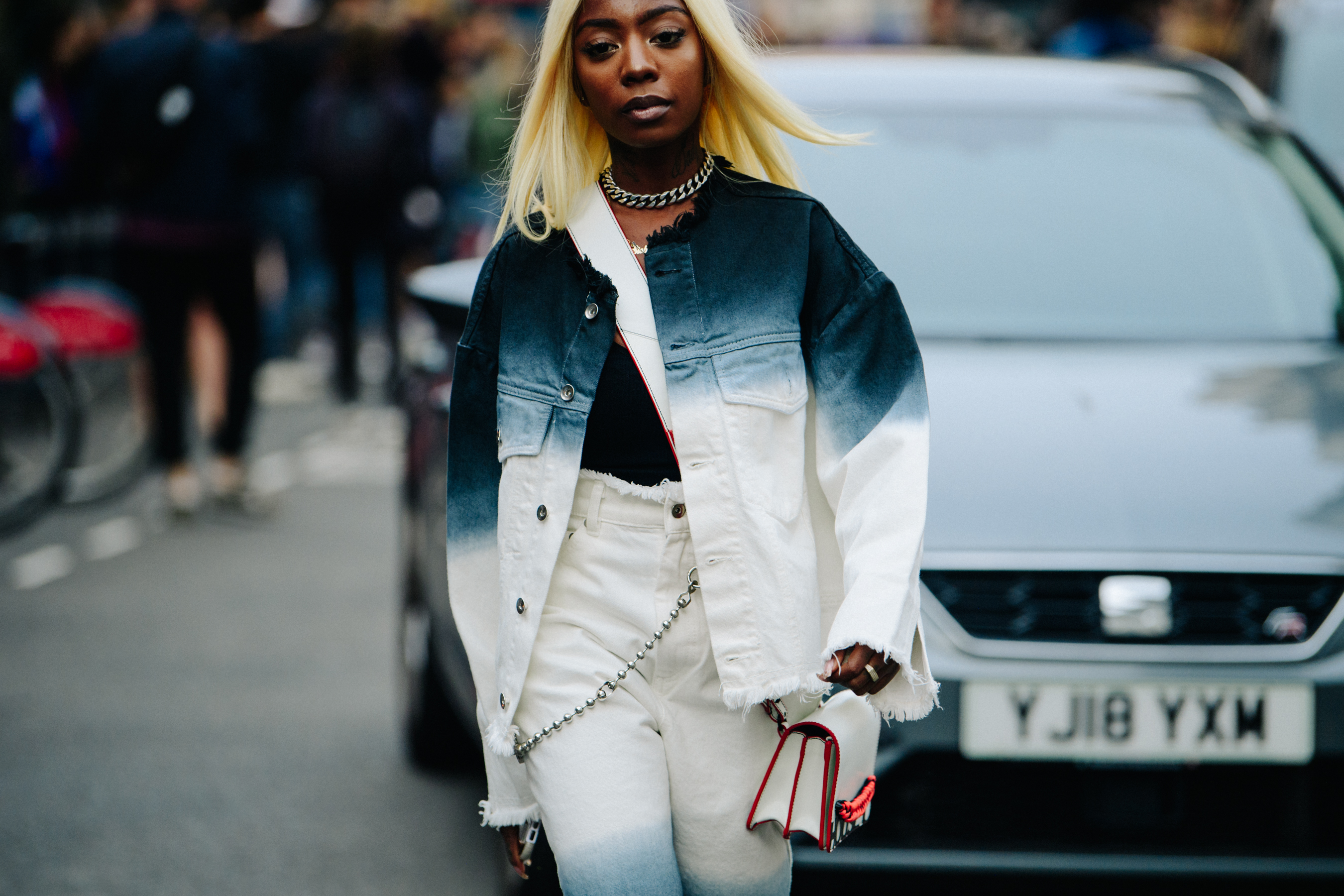 Woman wearing gradient denim outfit