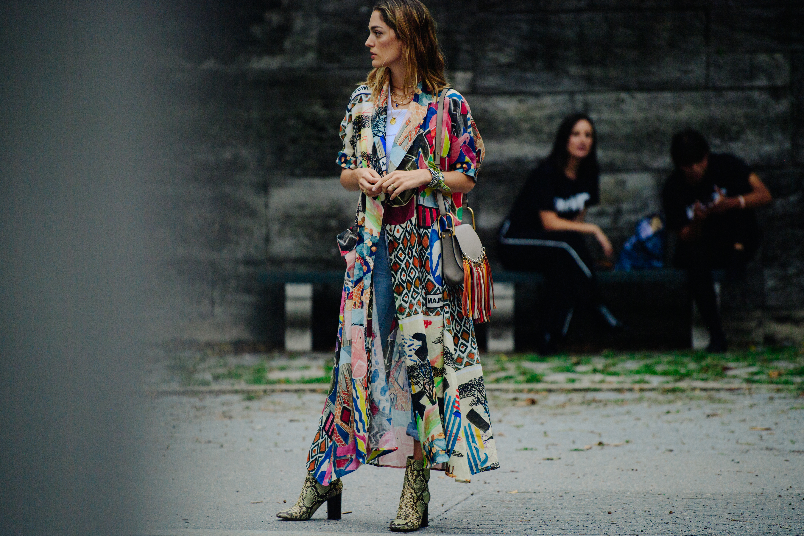 Woman wearing long pattern coat