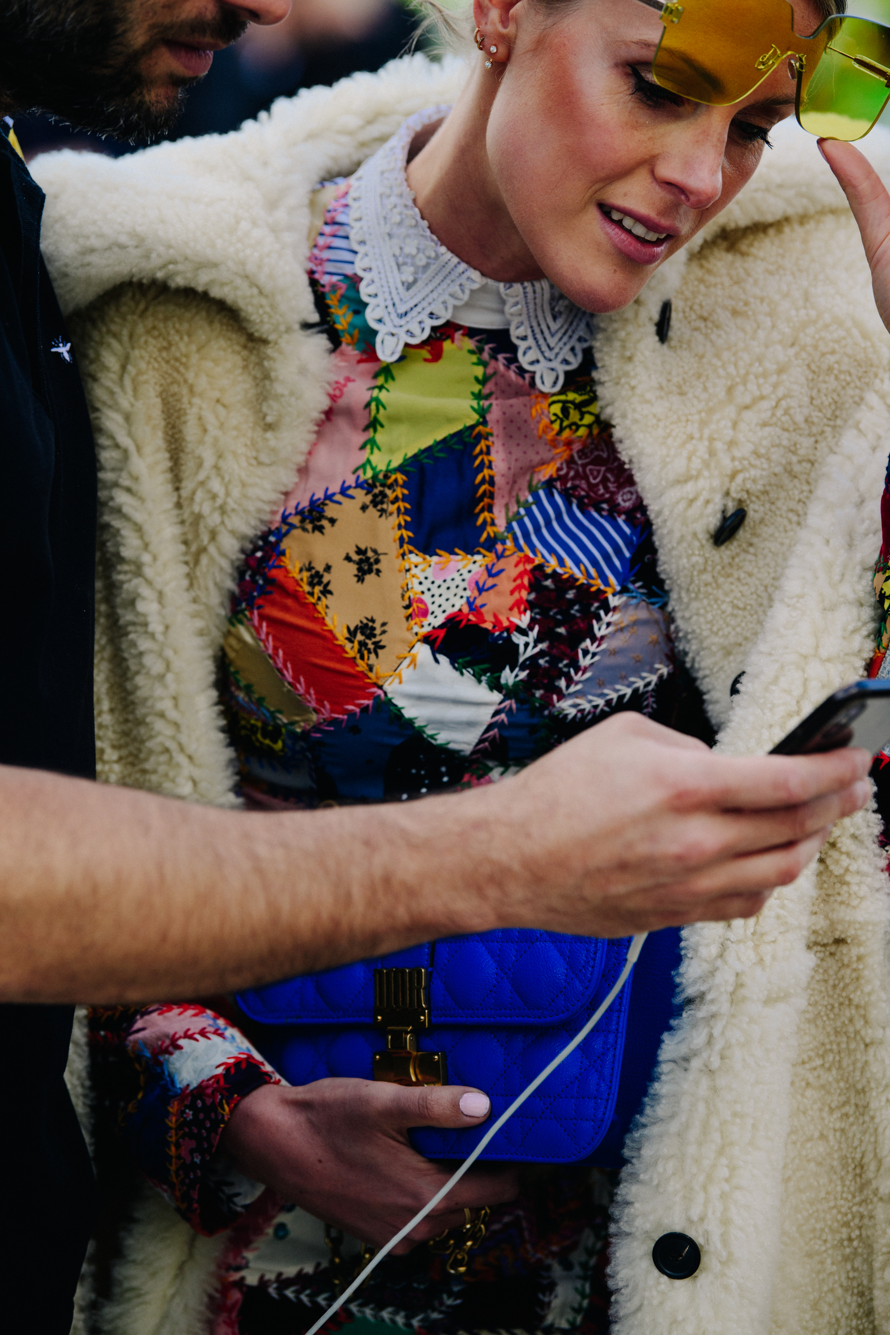 Woman wearing shearling coat