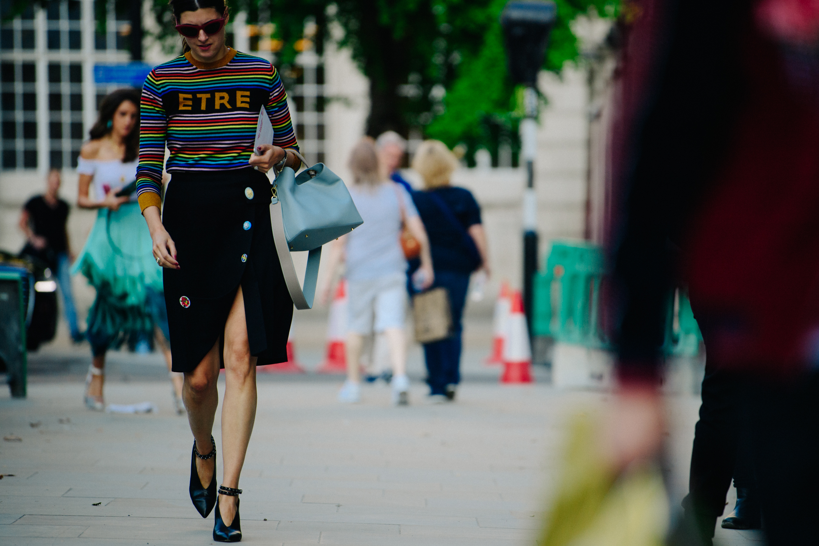 Woman wearing sriped jumper