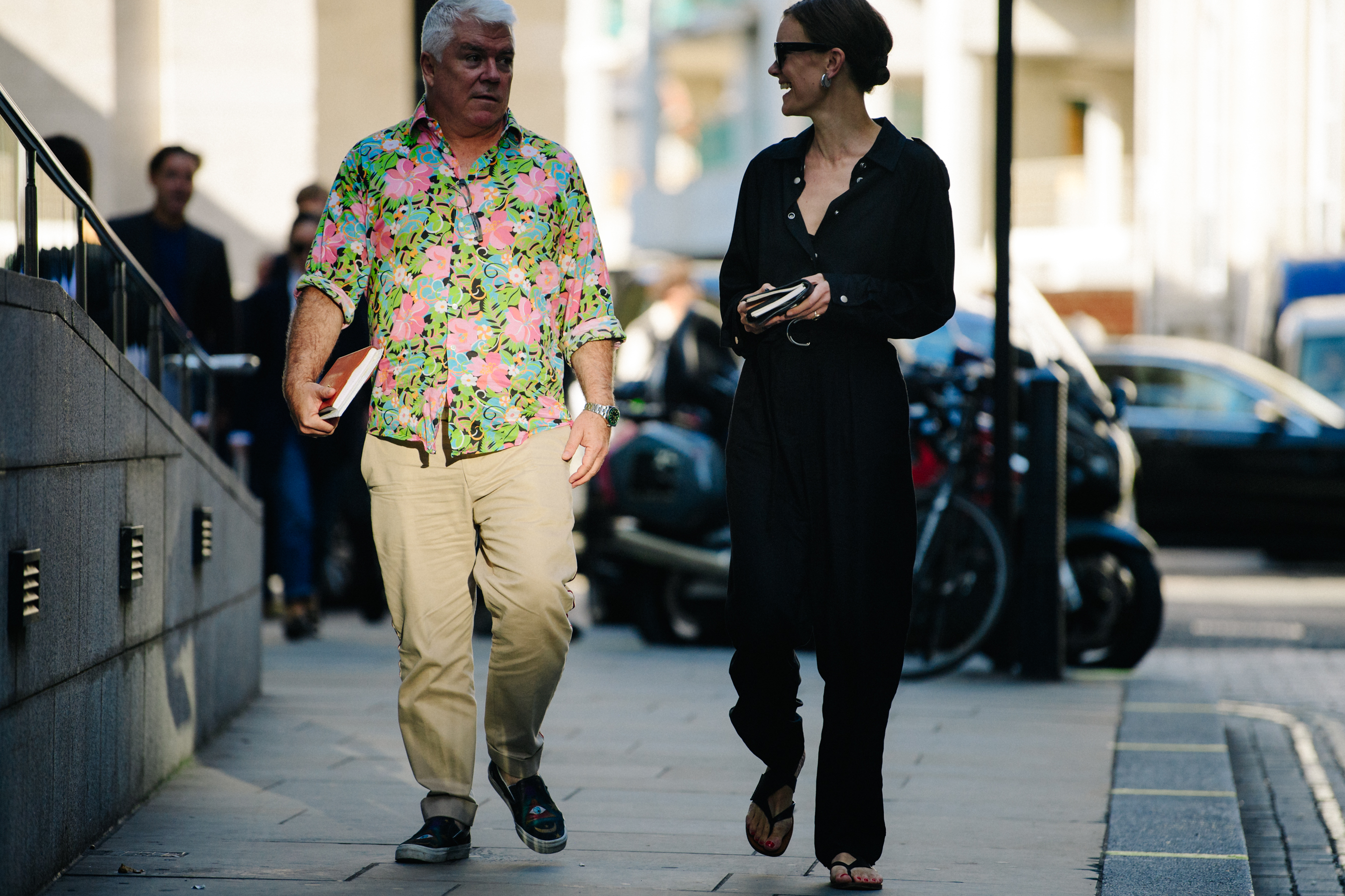 Couple wearing contrasting outfits
