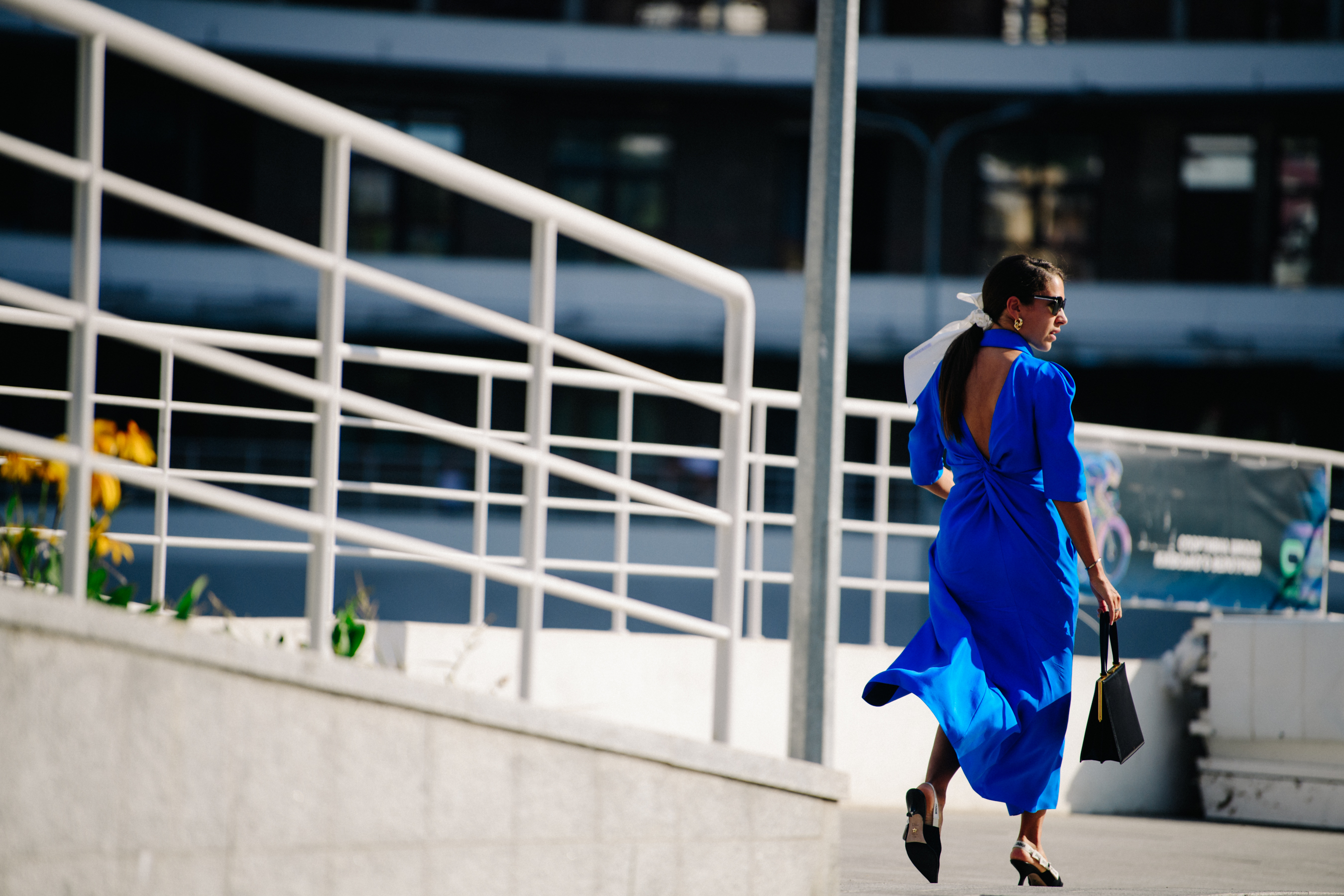 Woman wearing blue dress