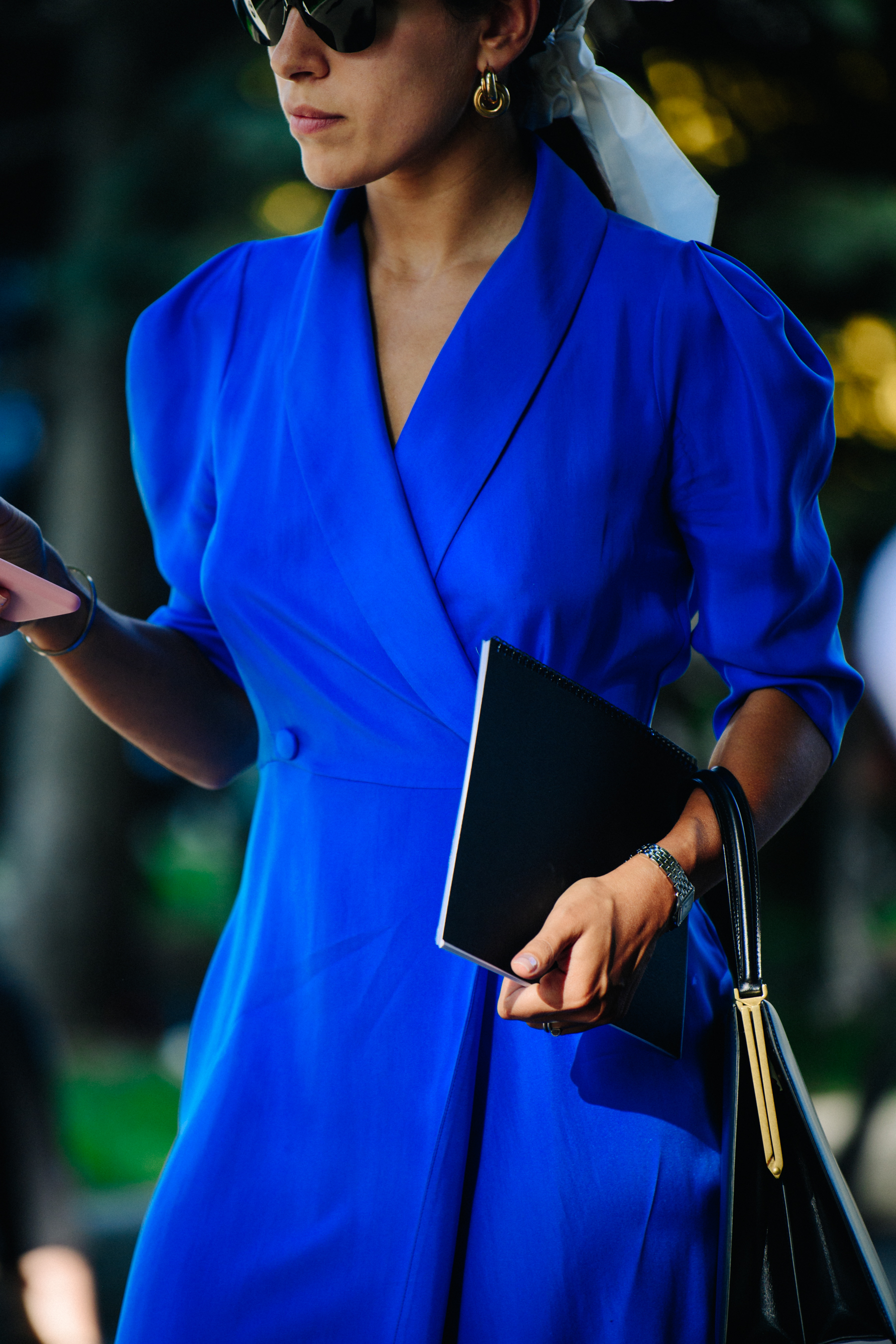 Woman wearing blue dress