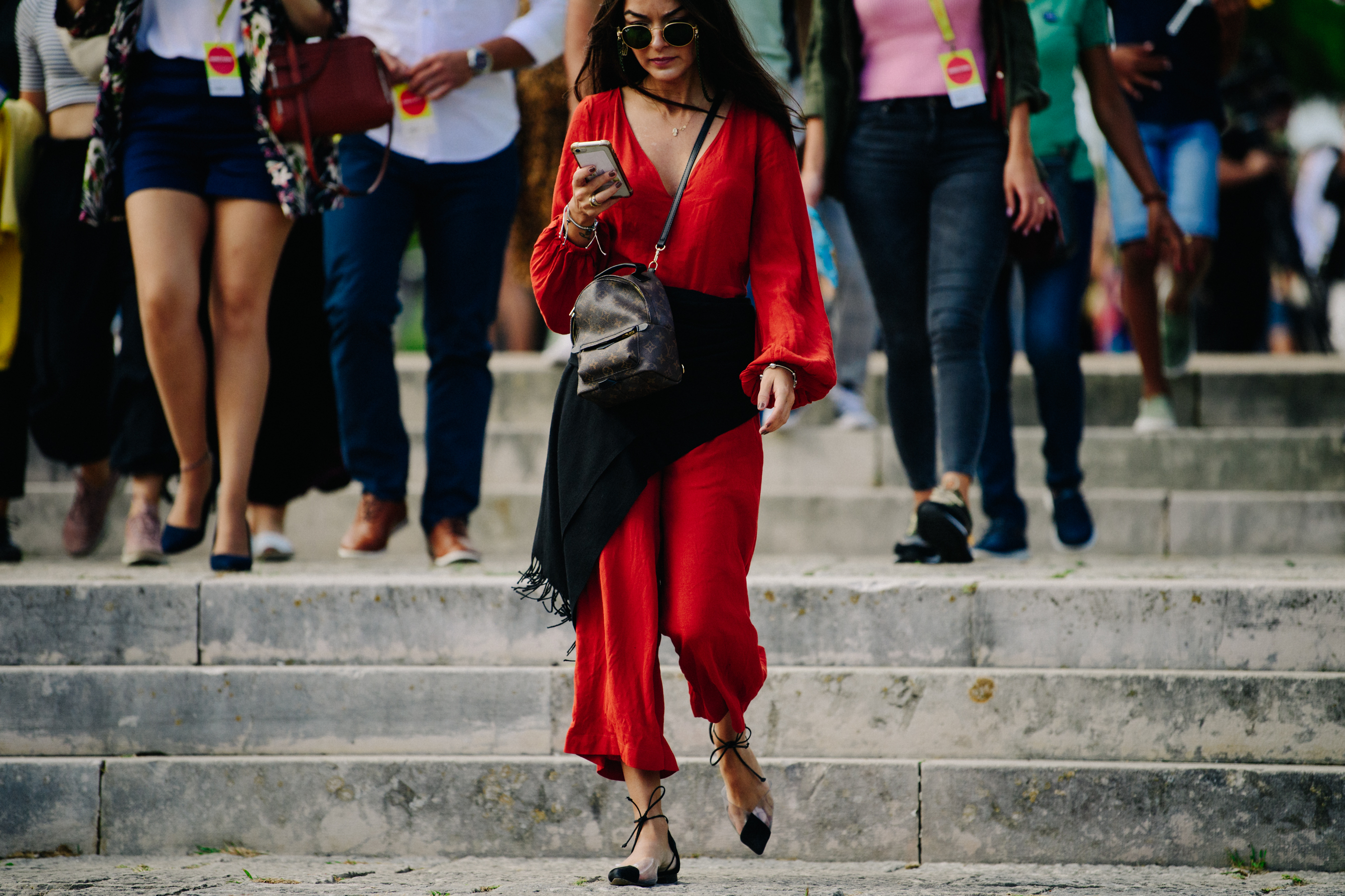 Woman wearing red jumpsuit