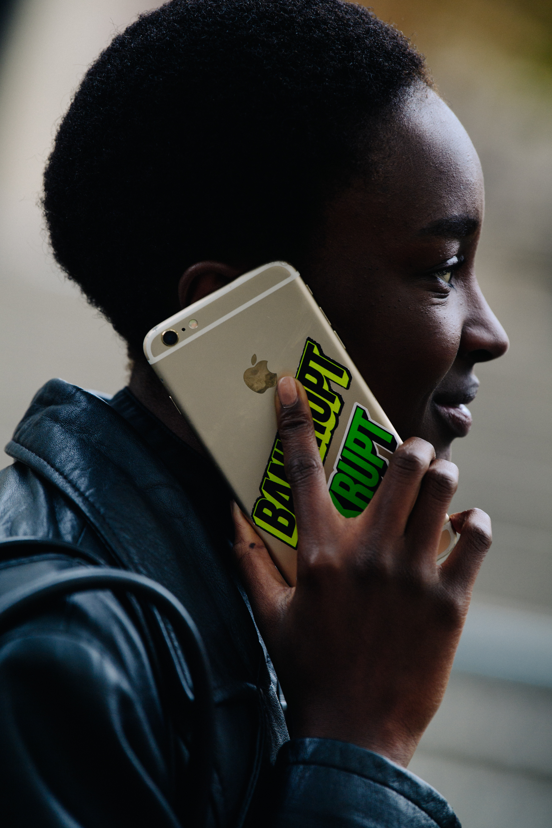 Model talking on iPhone