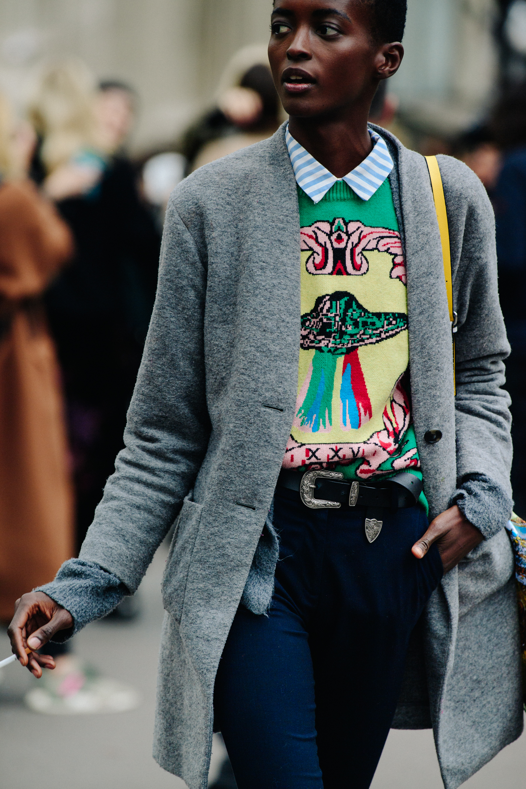 Model wearing colourful jumper
