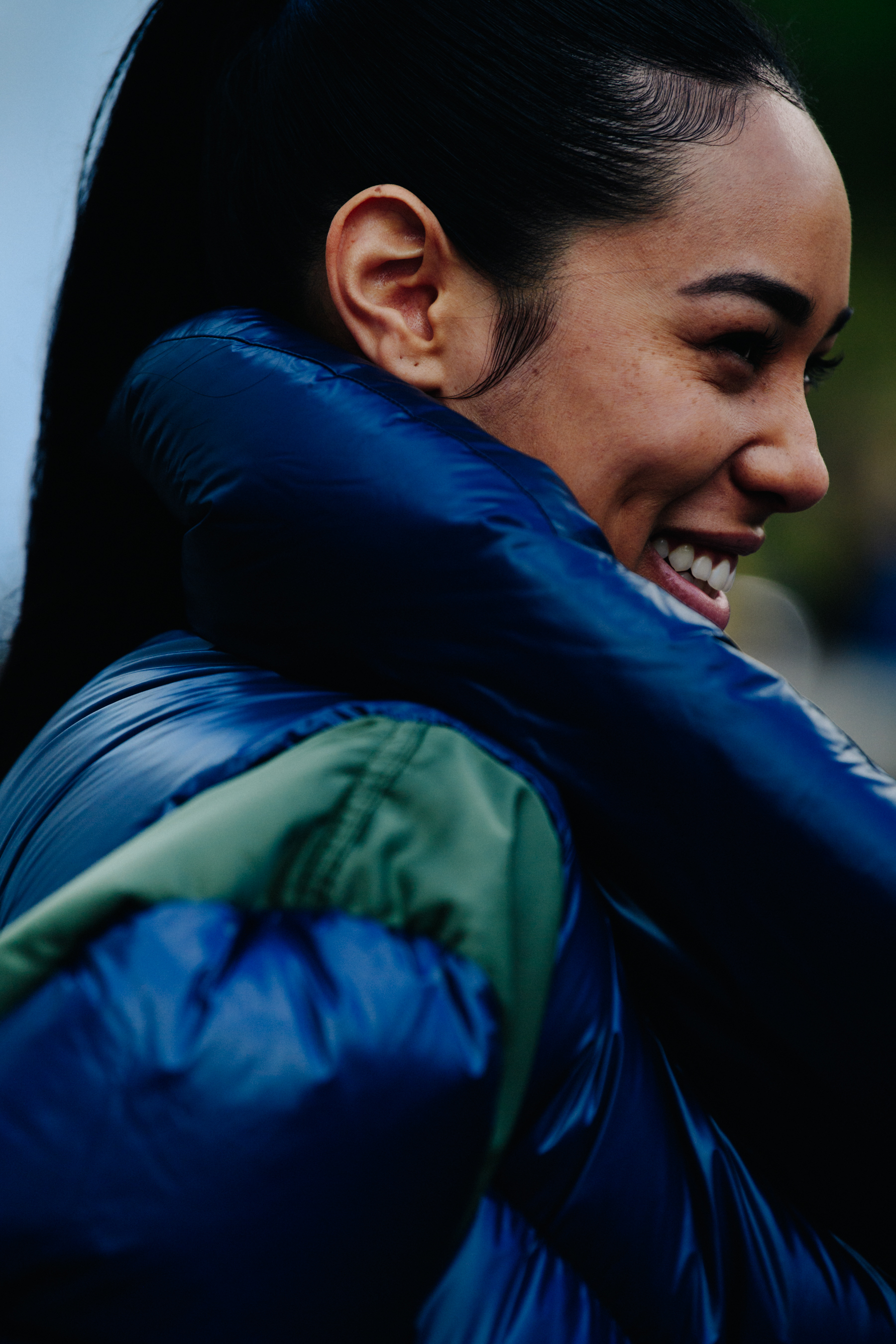 Woman wearing blue coat