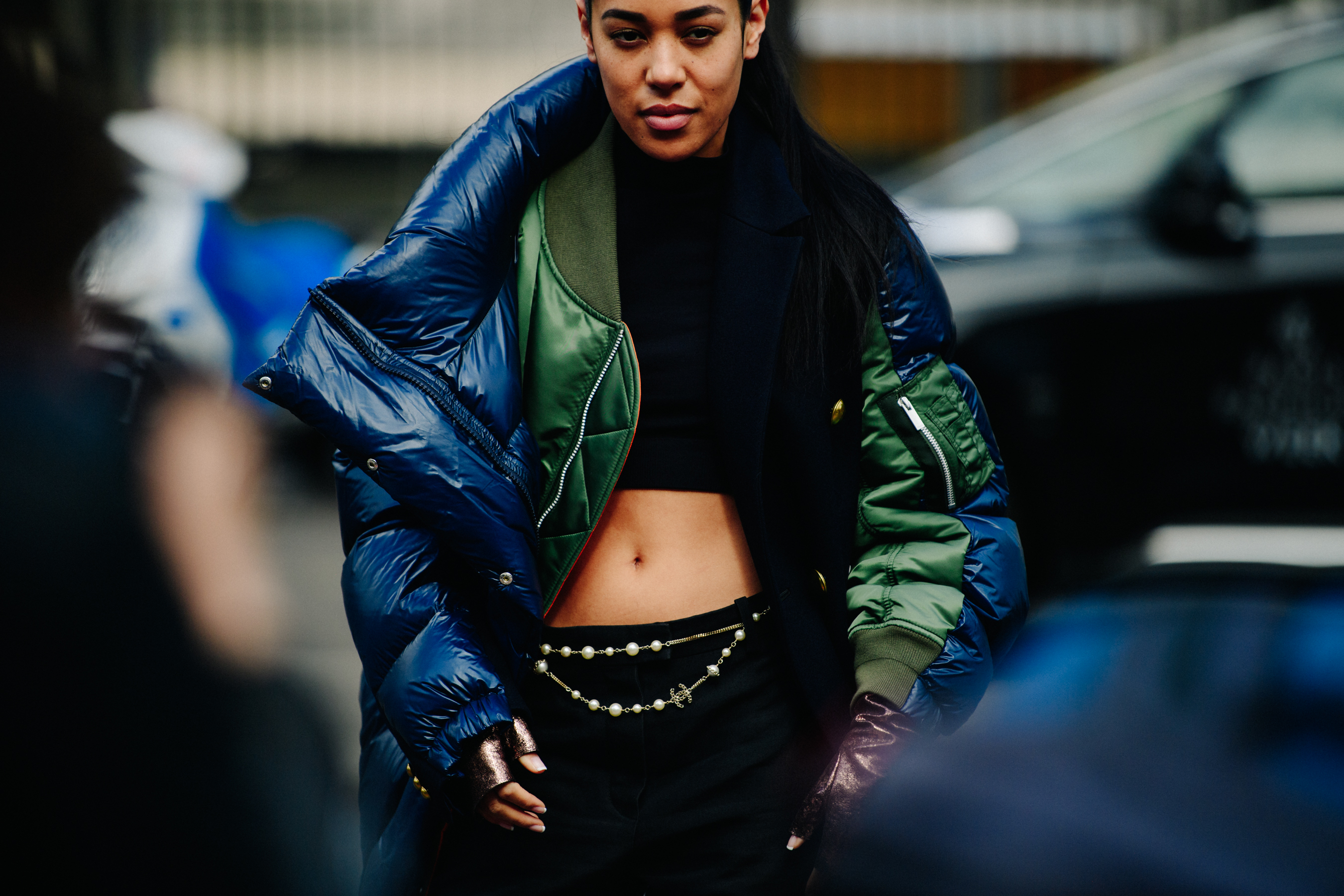 Woman wearing blue coat