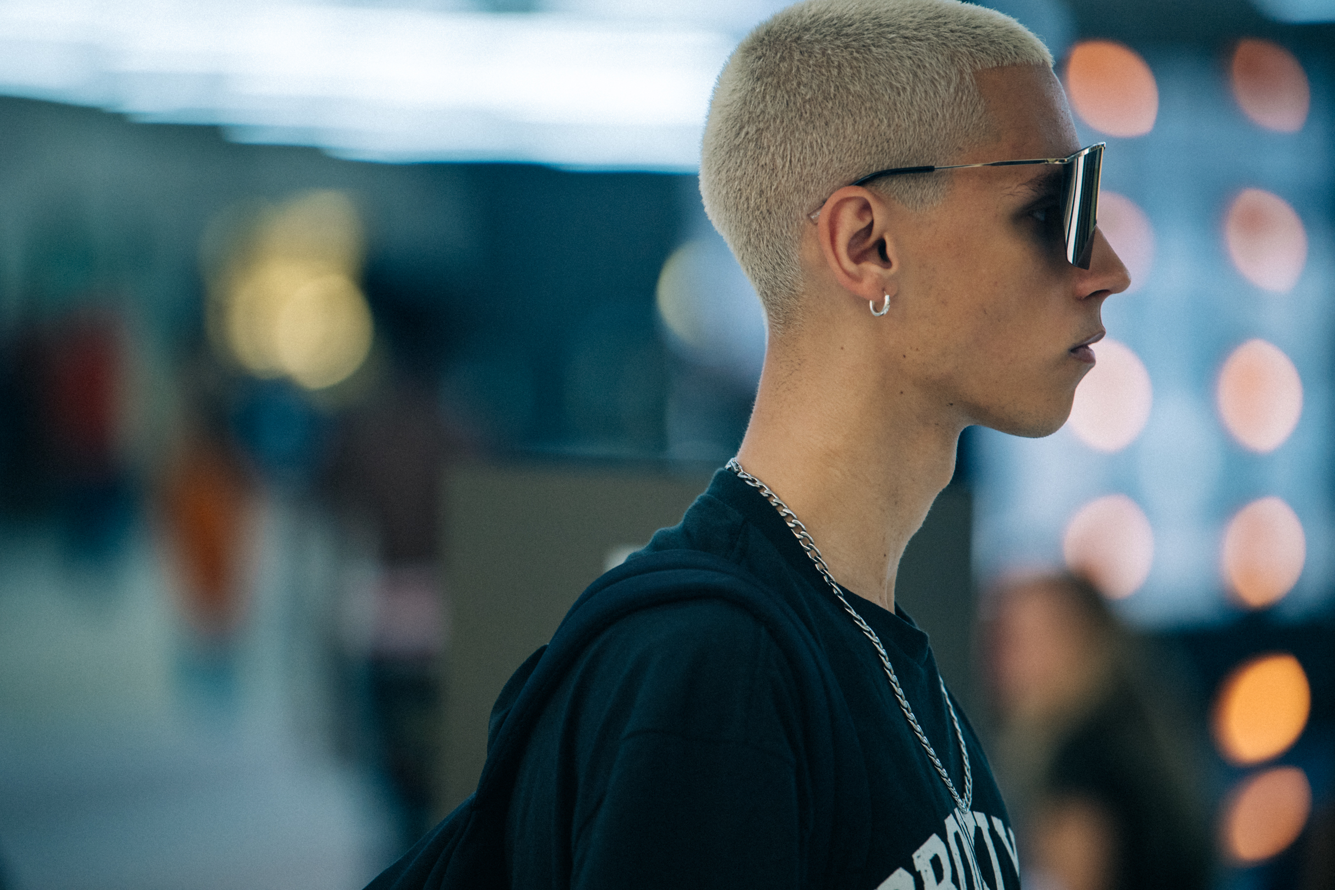 Model wearing large Byblos sunglasses