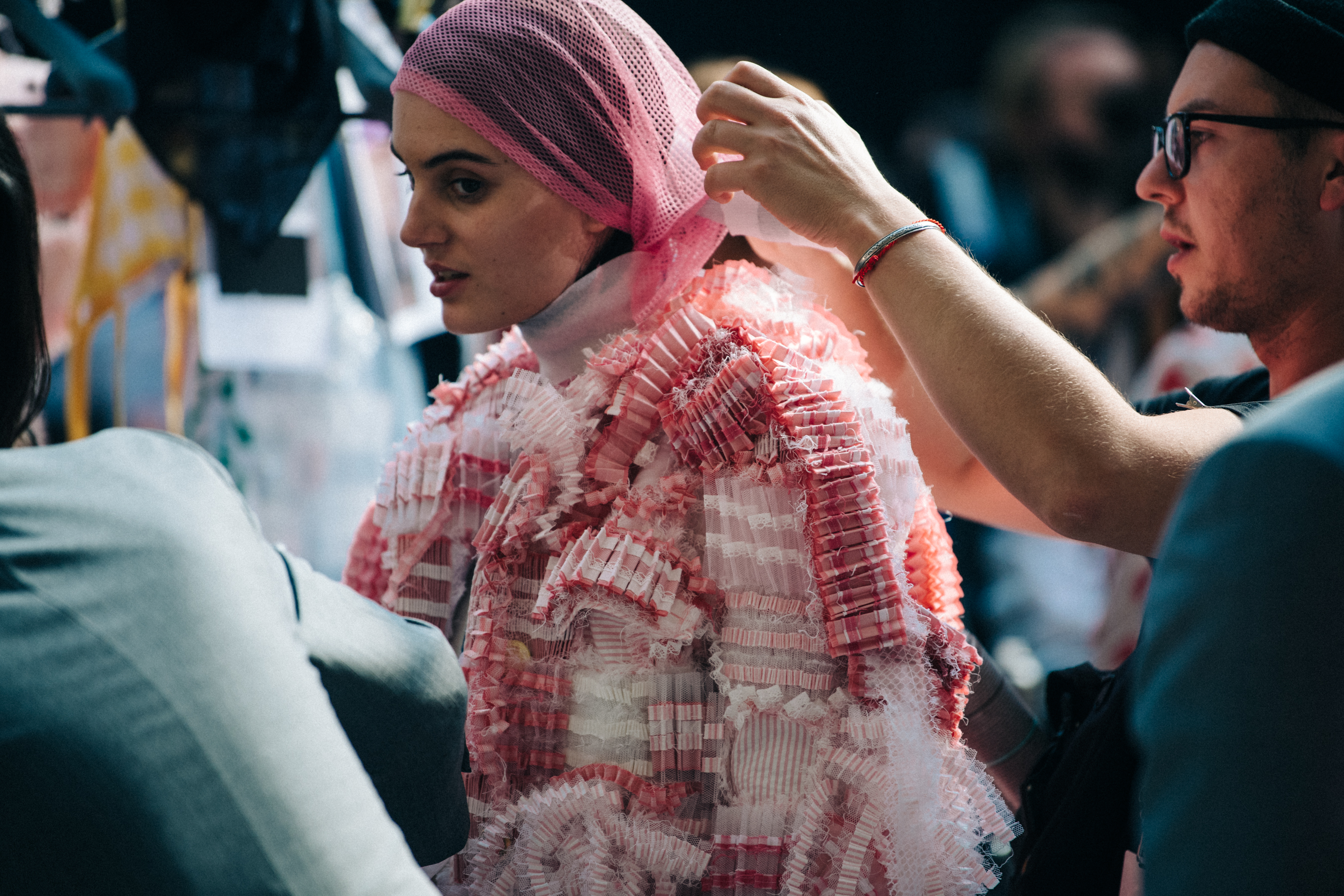 Model in hair and makeup at Thom Browne