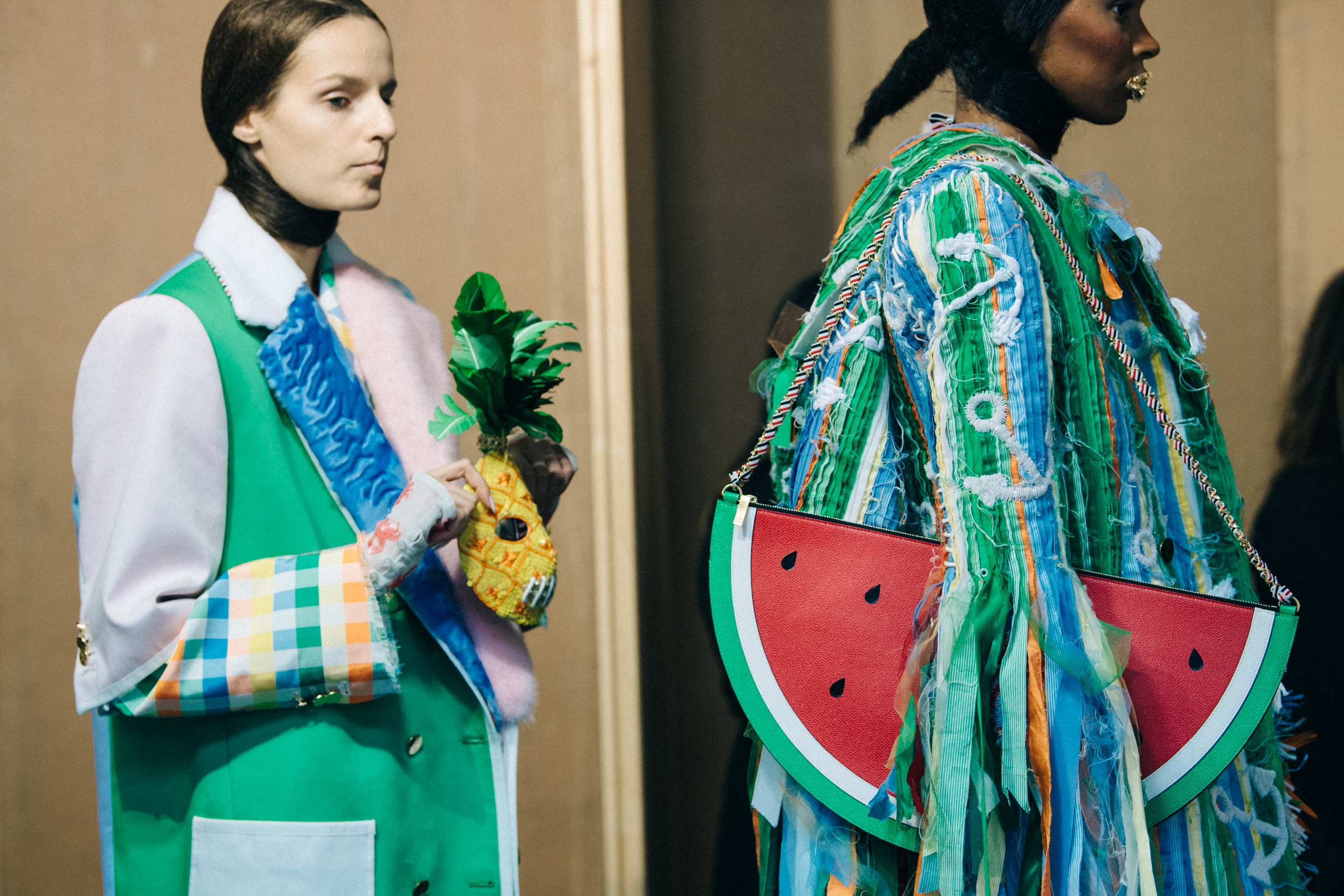 Models wearing colourful Thom Browne suits