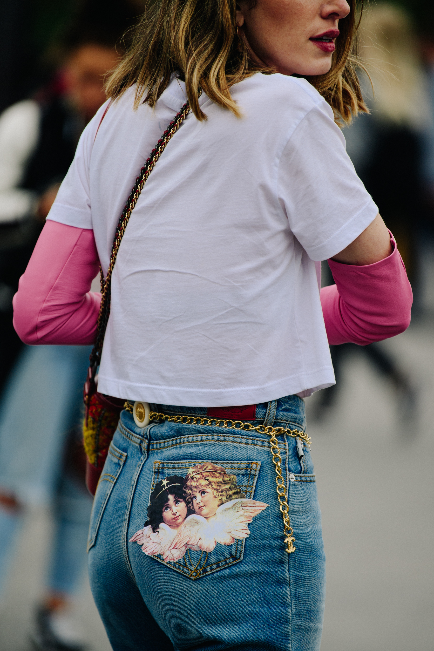 Woman wearing Fiorucci jeans