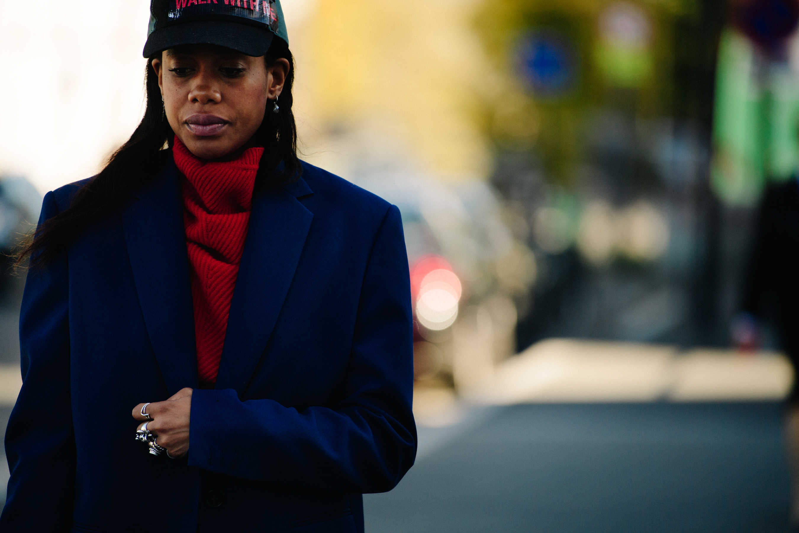 Woman wearing red wool top