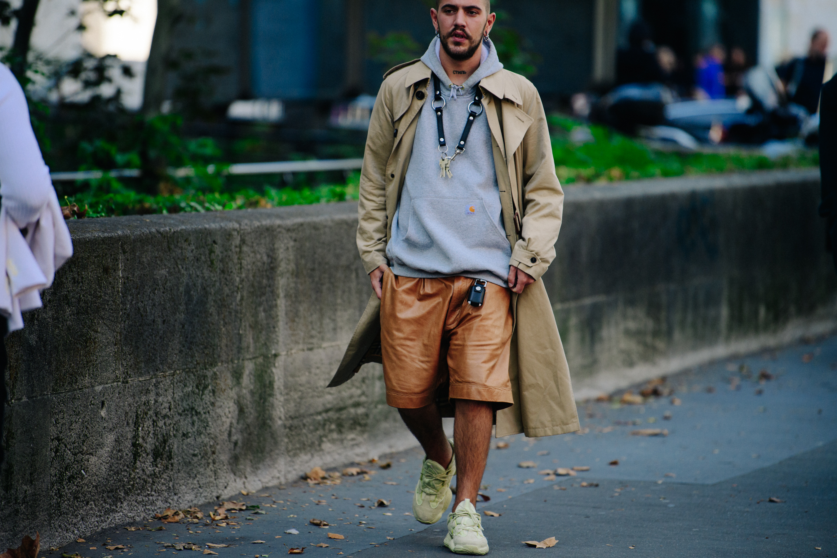 German stylist wearing leather shorts
